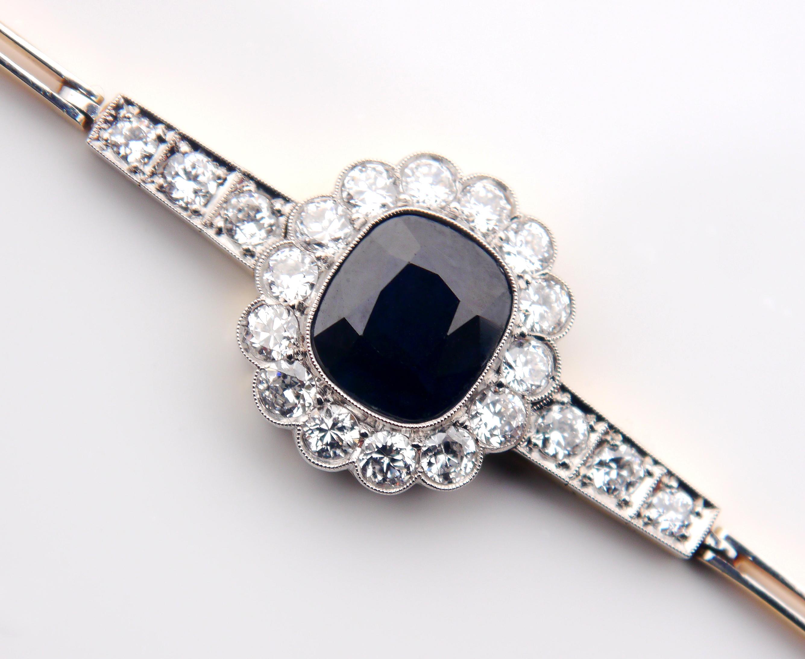 Old European Cut Antique Bracelet 5.5 ct Sapphire 2.3ctw Diamonds 18K Gold Platinum /17.7cm/9.4gr For Sale
