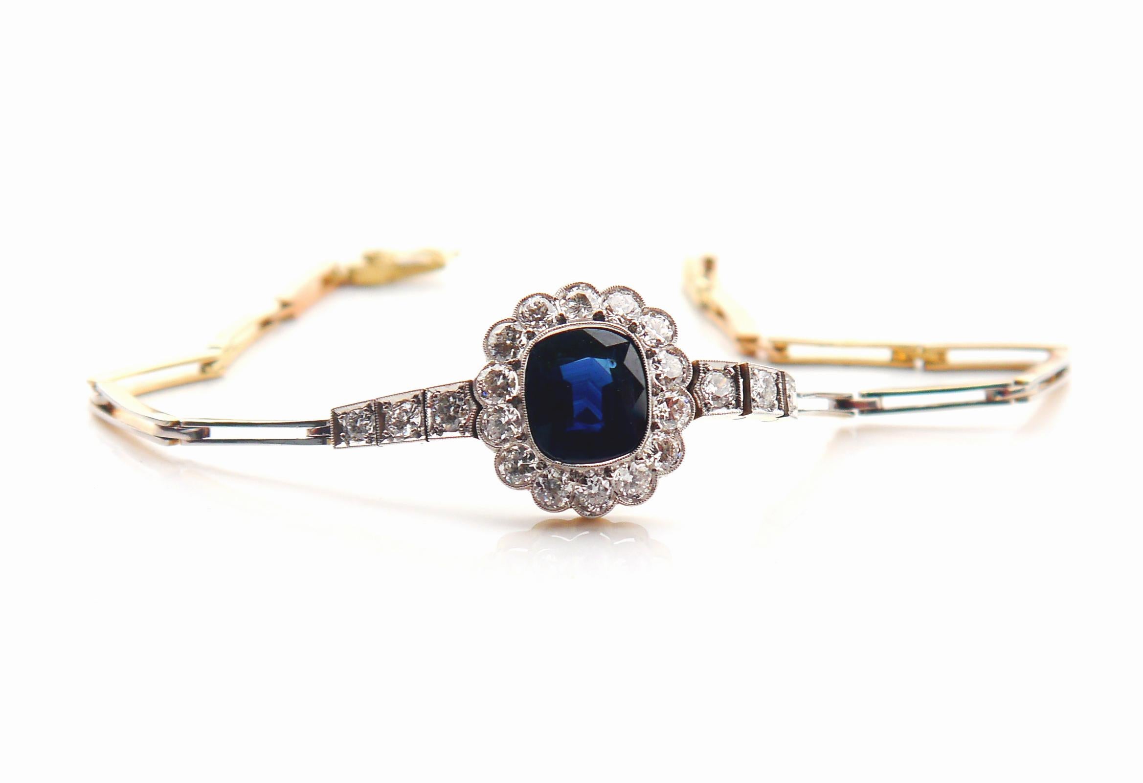 Women's Antique Bracelet 5.5 ct Sapphire 2.3ctw Diamonds 18K Gold Platinum /17.7cm/9.4gr For Sale