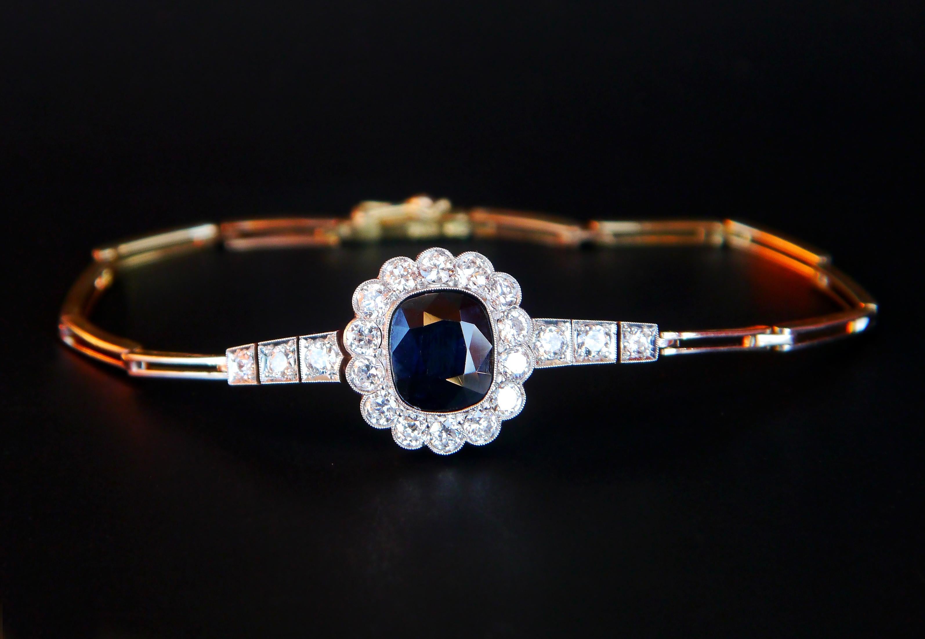 Antique Bracelet 5.5 ct Sapphire 2.3ctw Diamonds 18K Gold Platinum /17.7cm/9.4gr For Sale 4