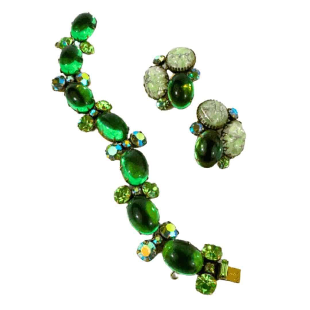 Art Deco Antique Bracelet & Earrings Vintage Regency Bracelet & Earring Set Green Crystal For Sale