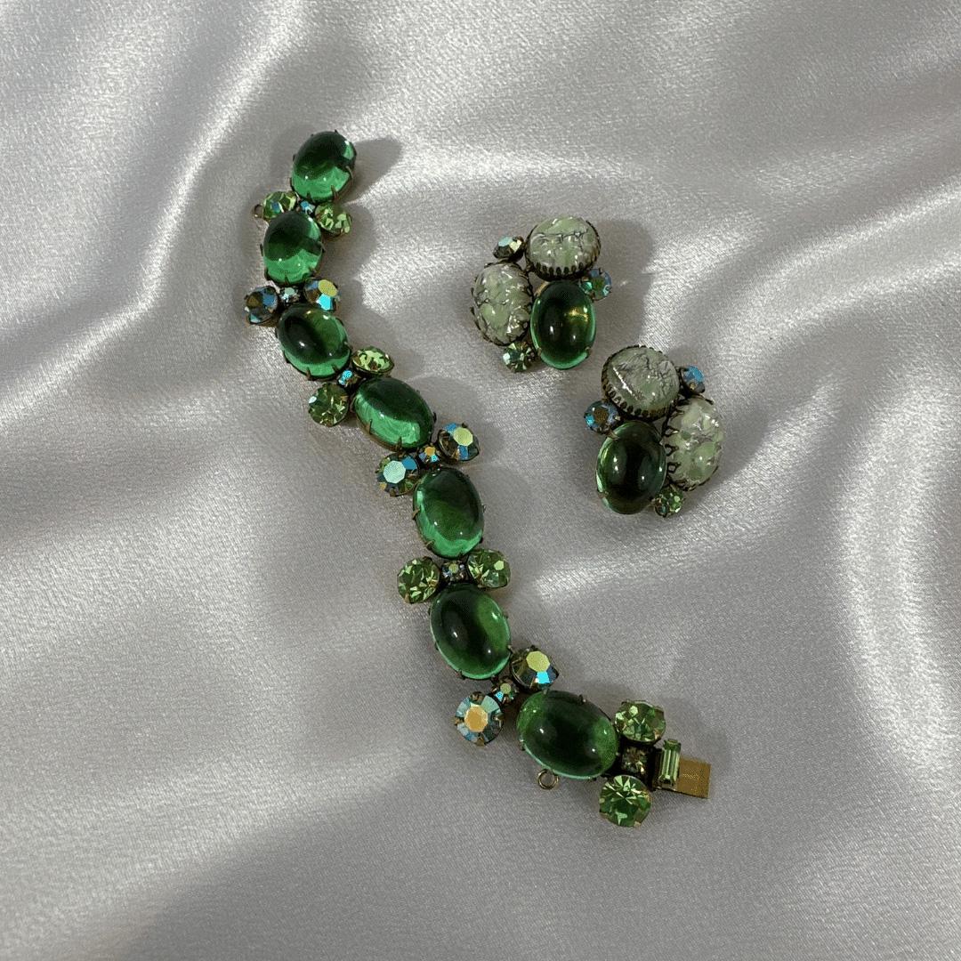 Women's or Men's Antique Bracelet & Earrings Vintage Regency Bracelet & Earring Set Green Crystal For Sale