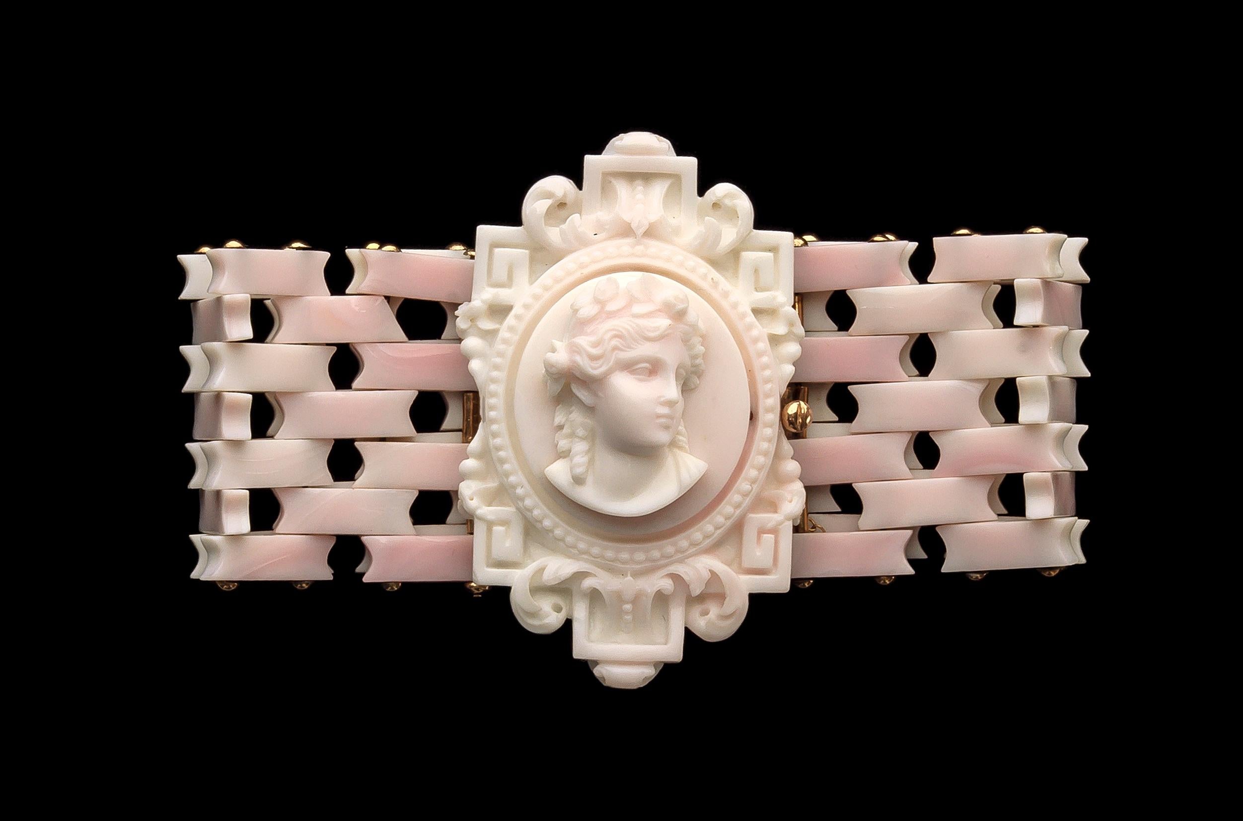 Antique Gold Pink Shell Cameo Bracelet For Sale 2