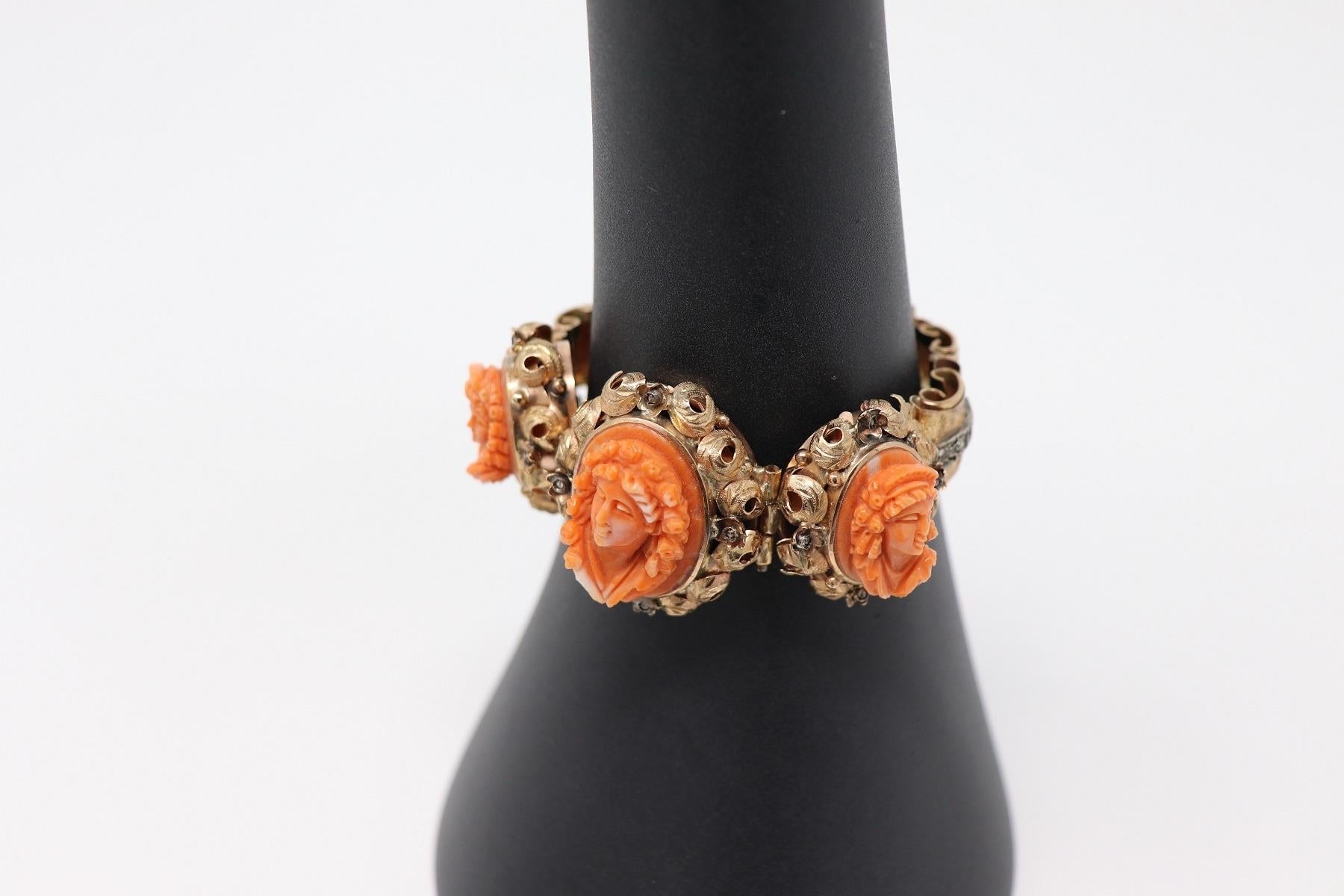 Antique Bracelet in Rose Gold Diamonds and Cameos in Coral 4