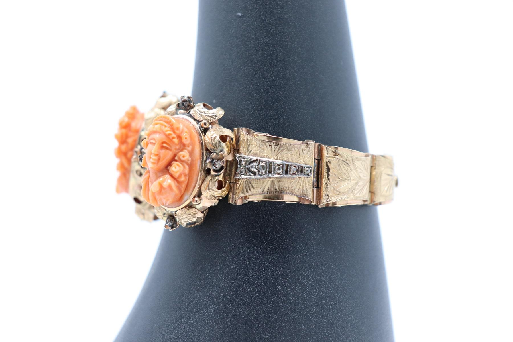 Antique Bracelet in Rose Gold Diamonds and Cameos in Coral 5