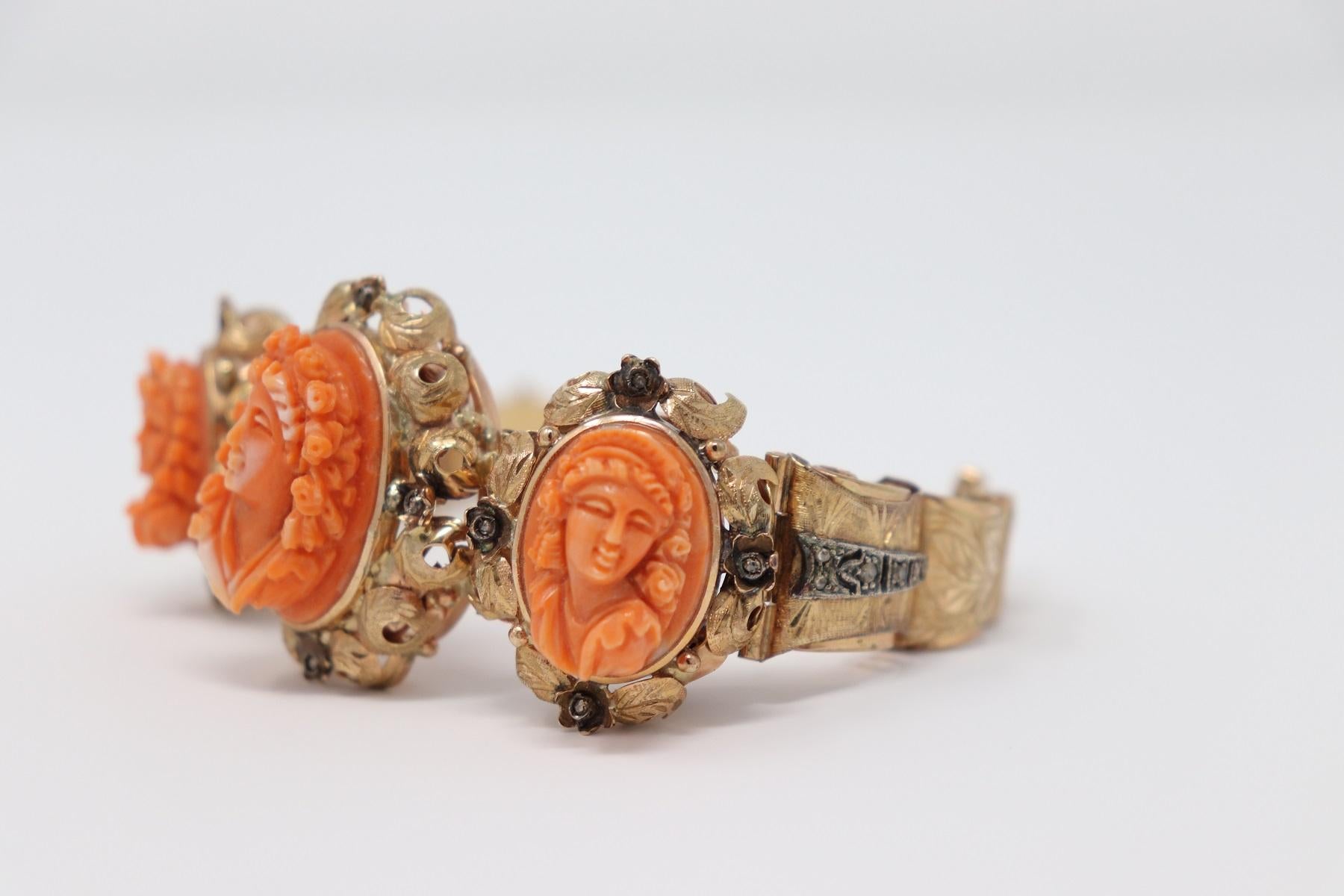 Italian Antique Bracelet in Rose Gold Diamonds and Cameos in Coral