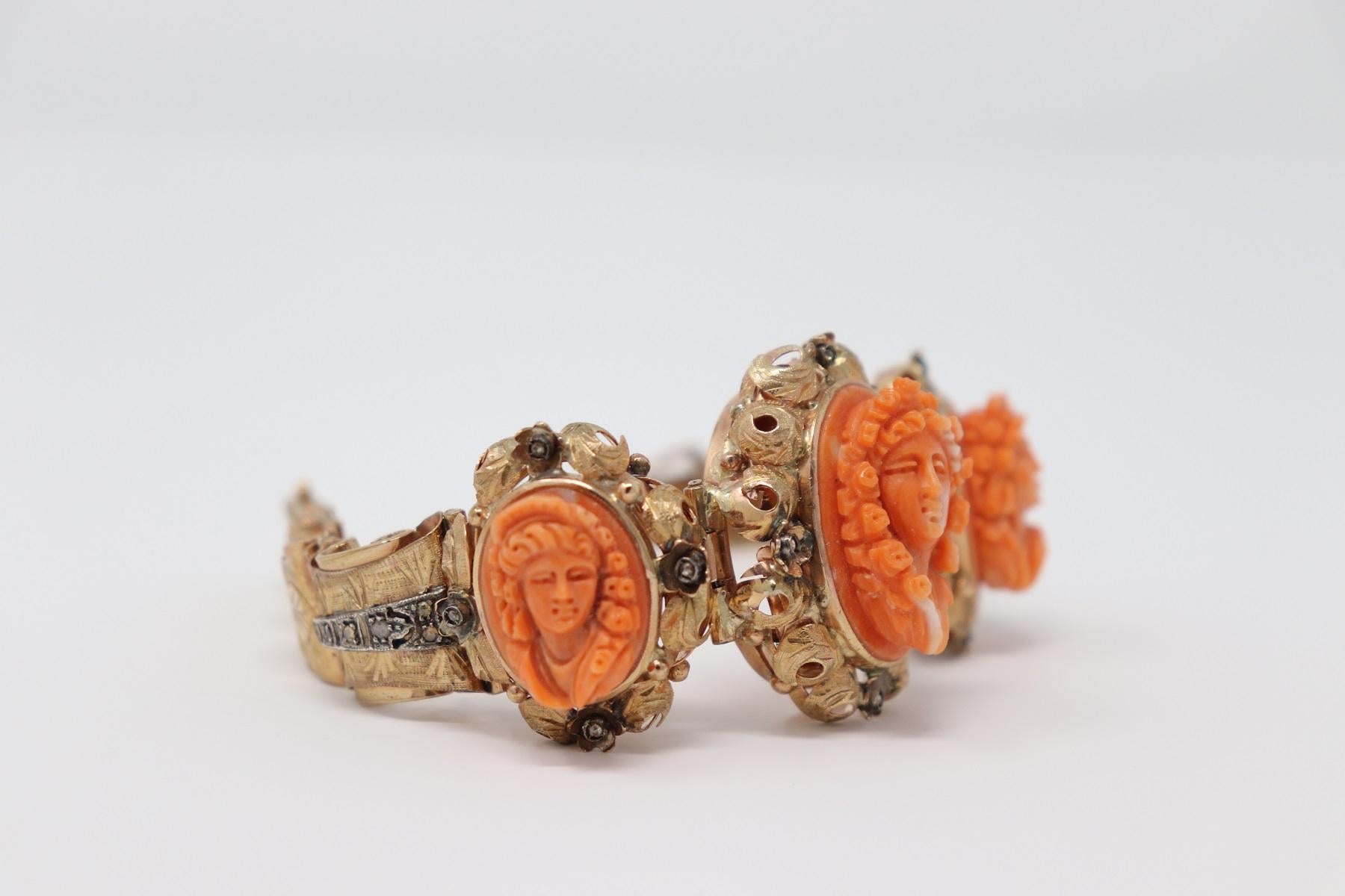 Carved Antique Bracelet in Rose Gold Diamonds and Cameos in Coral