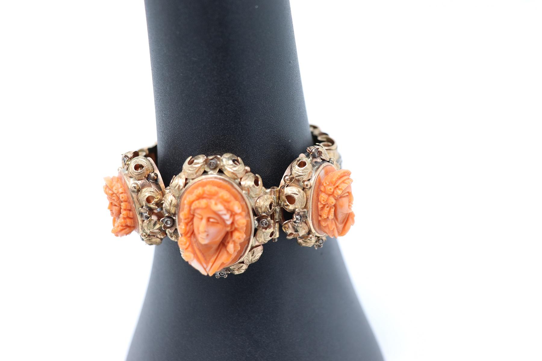 Antique Bracelet in Rose Gold Diamonds and Cameos in Coral 3