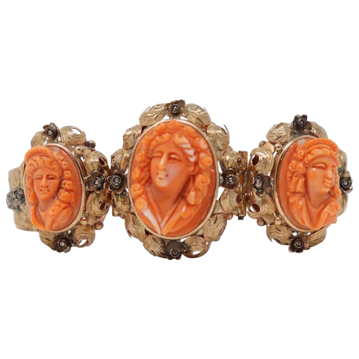 Antique Bracelet in Rose Gold Diamonds and Cameos in Coral