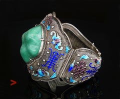 Antique Bracelet natural ca.150ct. Green Jade Enamel solid 875 Silver / 124gr