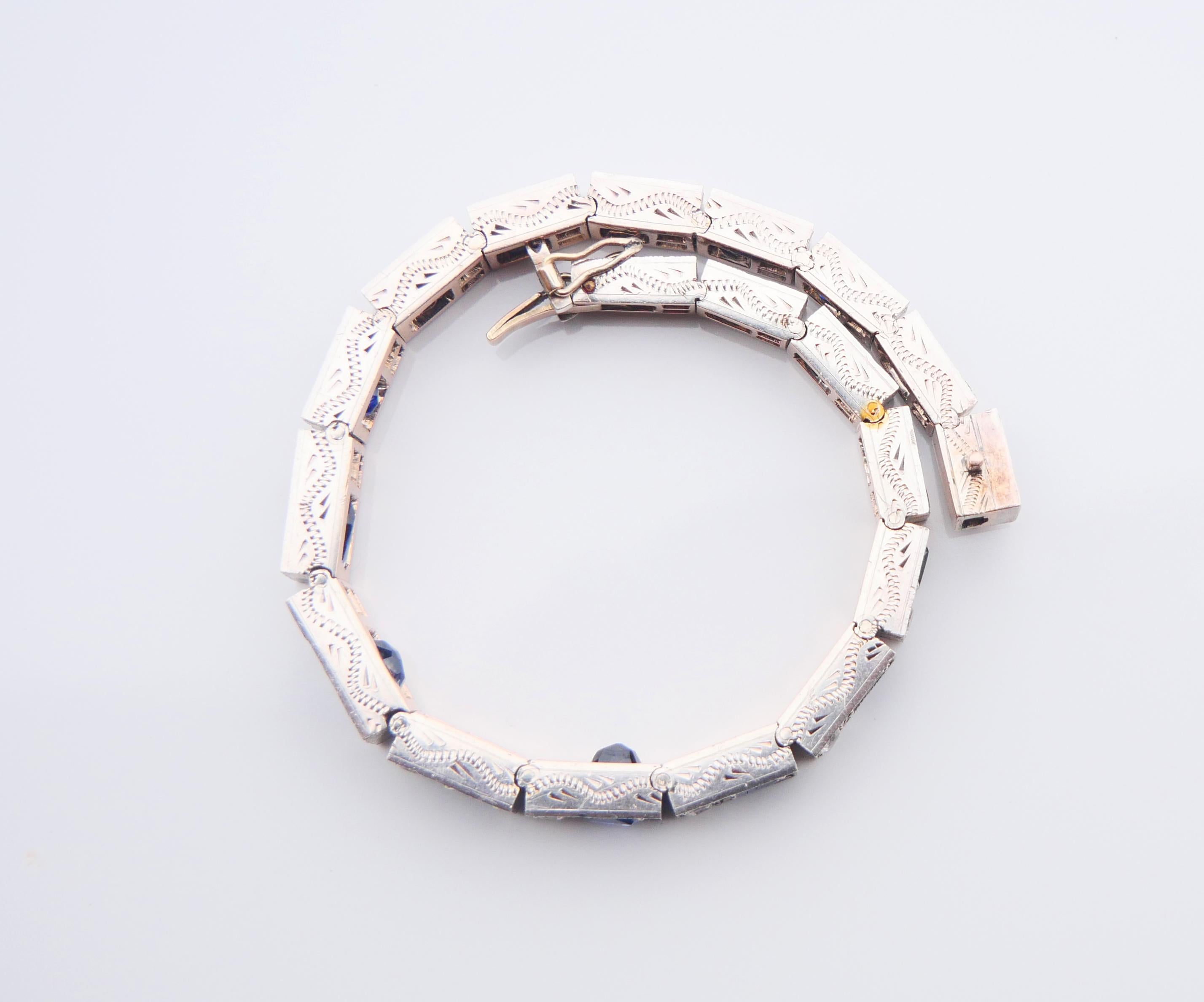 Antique Bracelet natural 18ctw Blue White Sapphire solid Silver 10K Gold/18.5cm For Sale 5