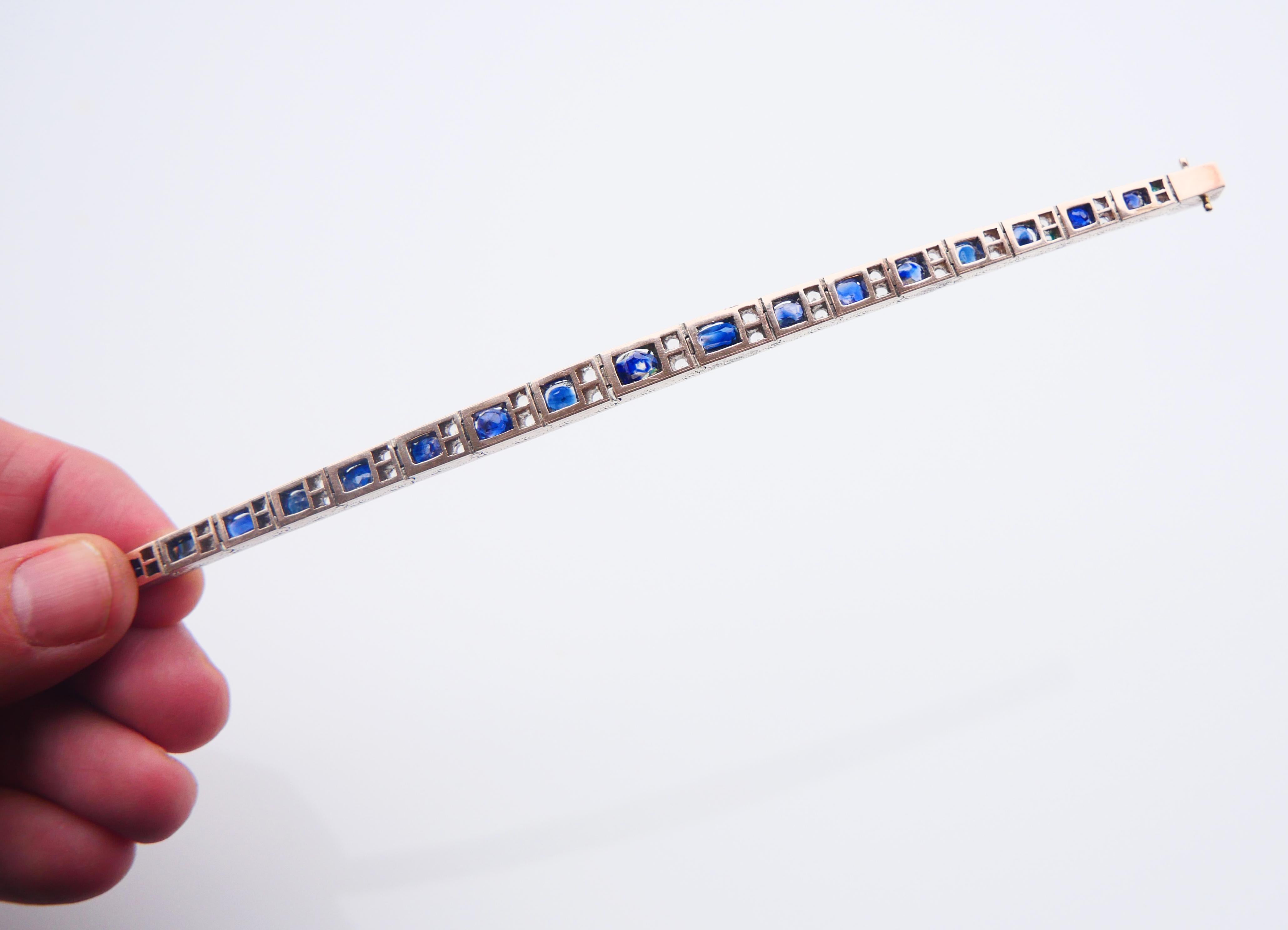 Antique Bracelet natural 18ctw Blue White Sapphire solid Silver 10K Gold/18.5cm For Sale 7