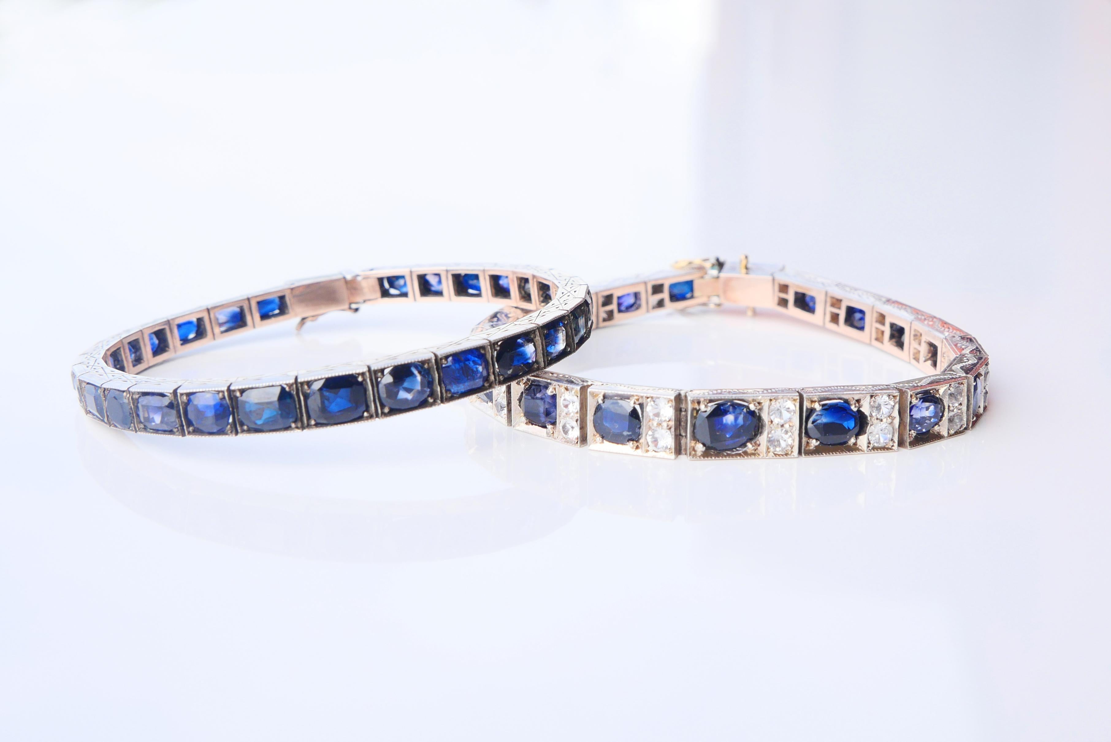 Antique Bracelet natural 18ctw Blue White Sapphire solid Silver 10K Gold/18.5cm For Sale 9
