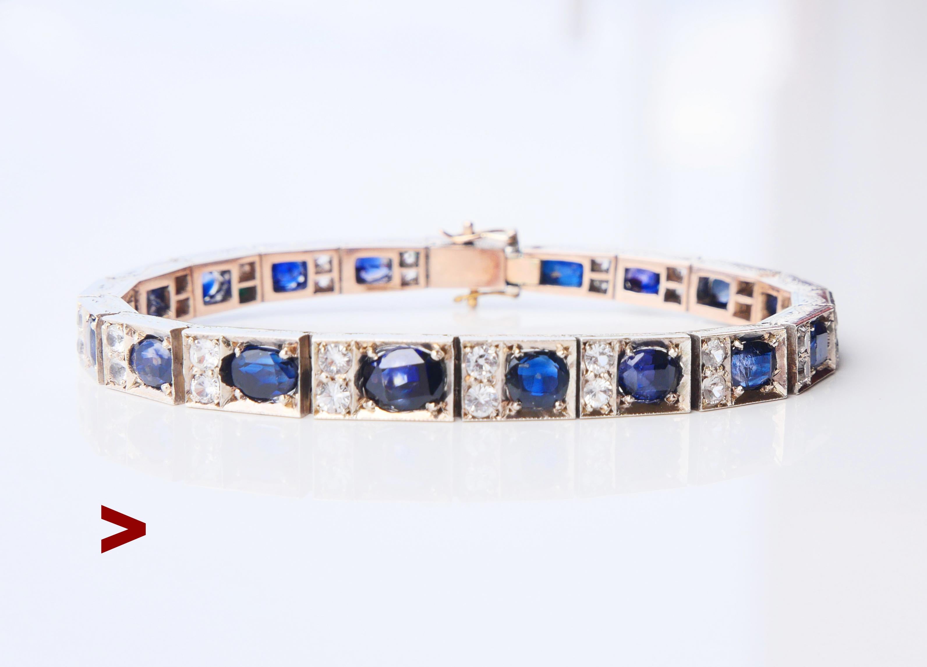 Antique Bracelet from ca. 1920s - 1930s in solid Silver with layer of 10 - 12K Gold on the back side with with 28 hand - engraved sections holding 29 natural Sapphire stones of various sizes with total weight of ca. 20ct. There are both oval and old
