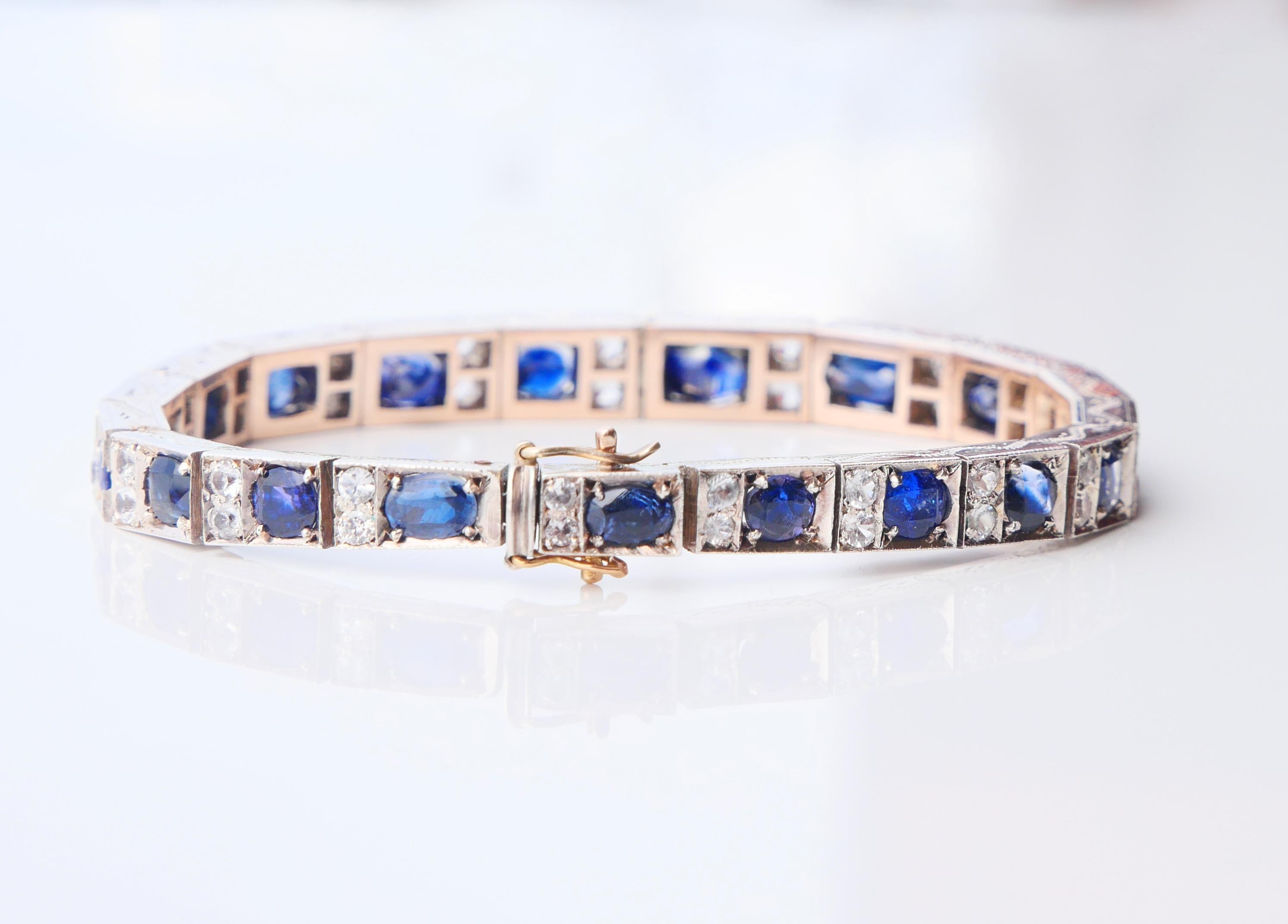Art Nouveau Antique Bracelet natural 18ctw Blue White Sapphire solid Silver 10K Gold/18.5cm For Sale