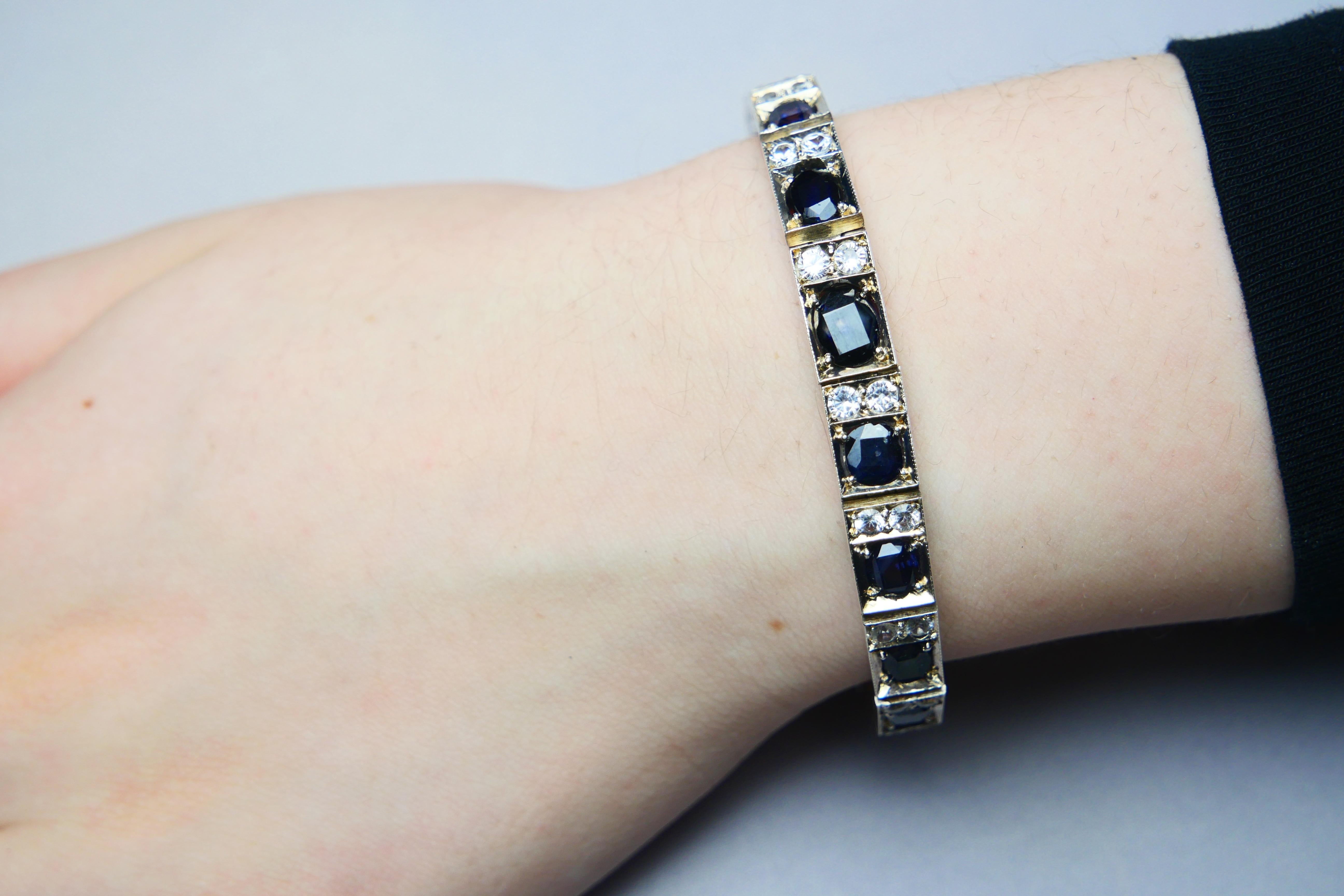 Women's Antique Bracelet natural 18ctw Blue White Sapphire solid Silver 10K Gold/18.5cm For Sale