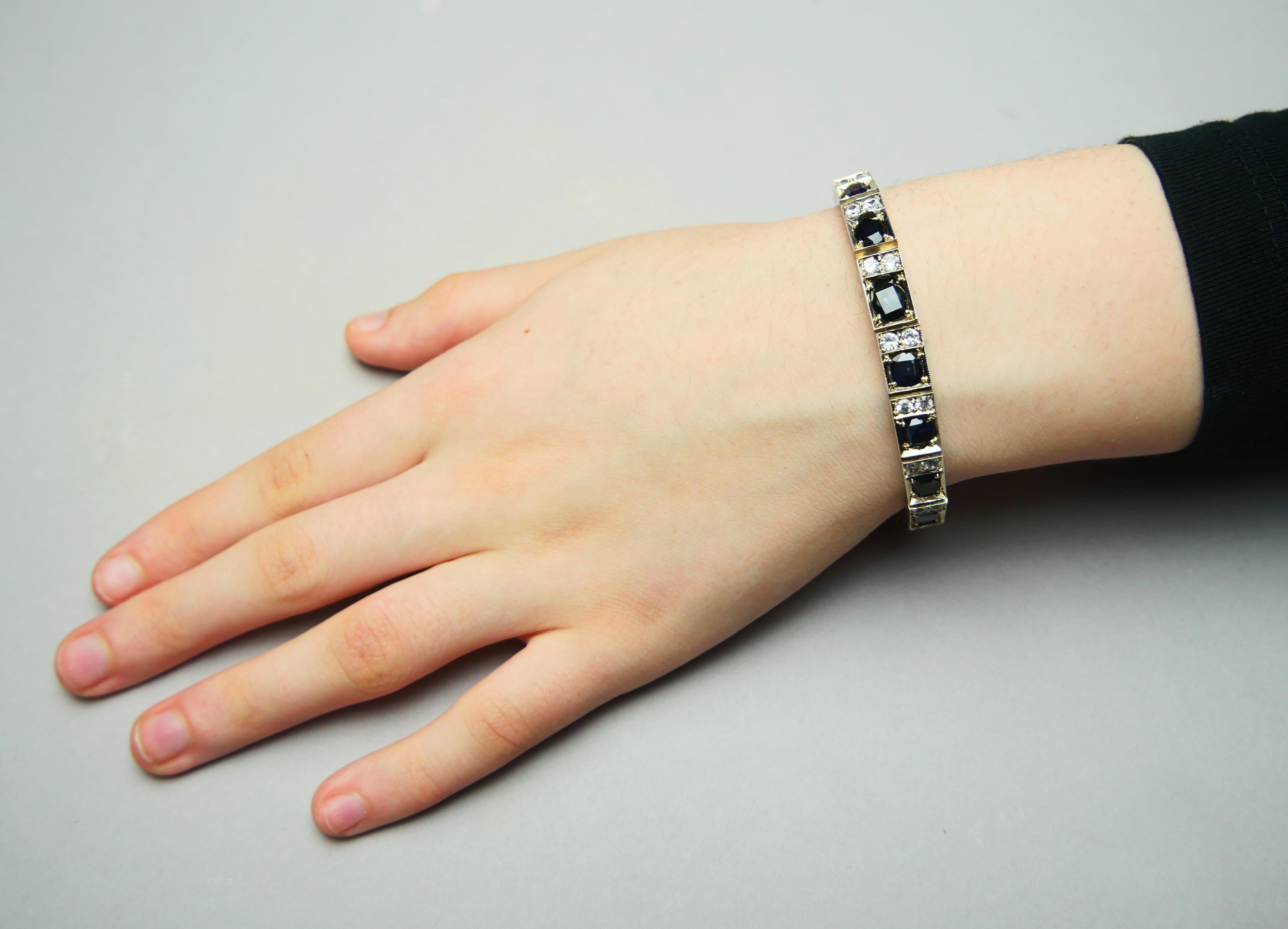 Antique Bracelet natural 18ctw Blue White Sapphire solid Silver 10K Gold/18.5cm For Sale 1