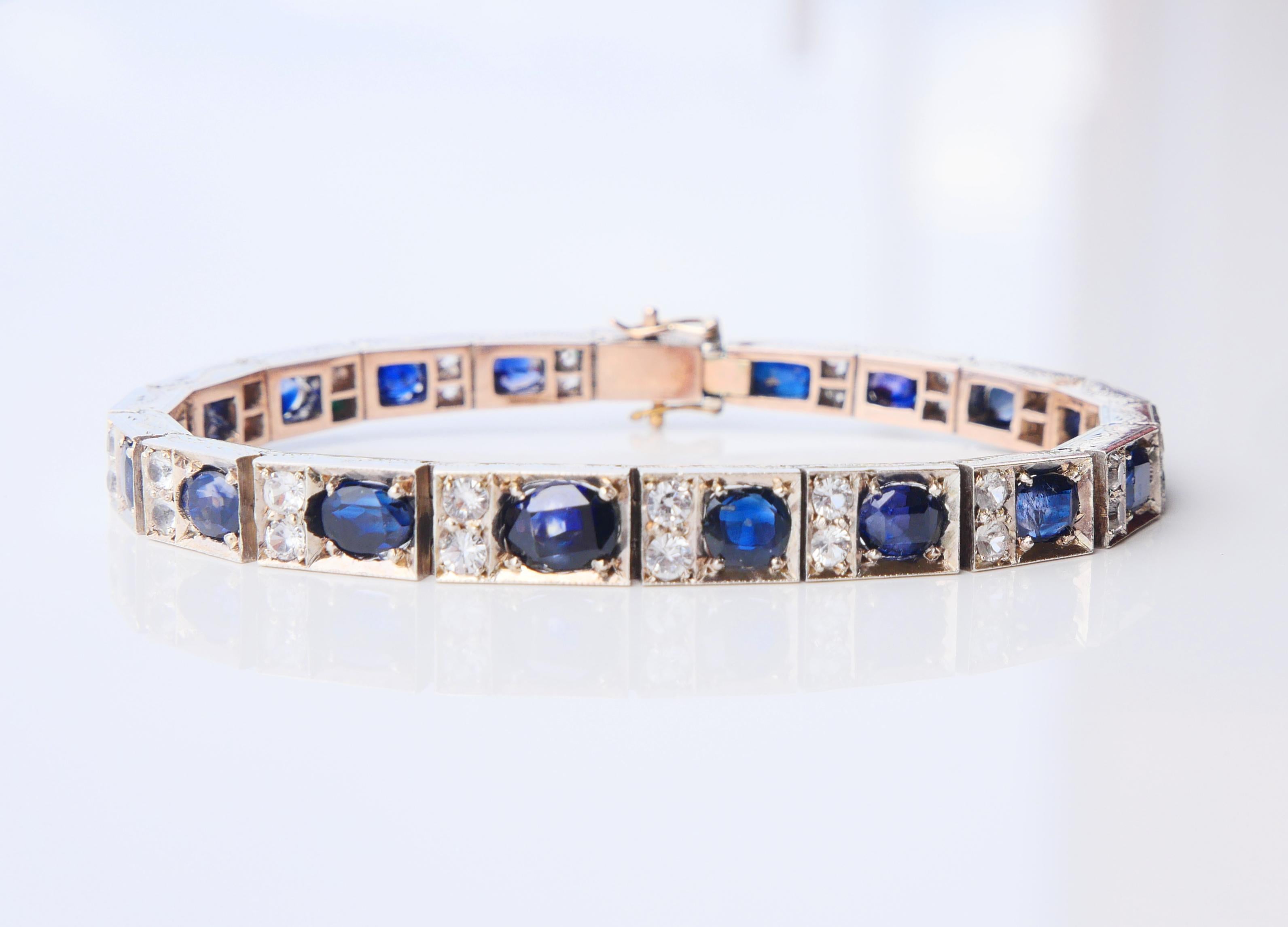 Antique Bracelet natural 18ctw Blue White Sapphire solid Silver 10K Gold/18.5cm For Sale 2