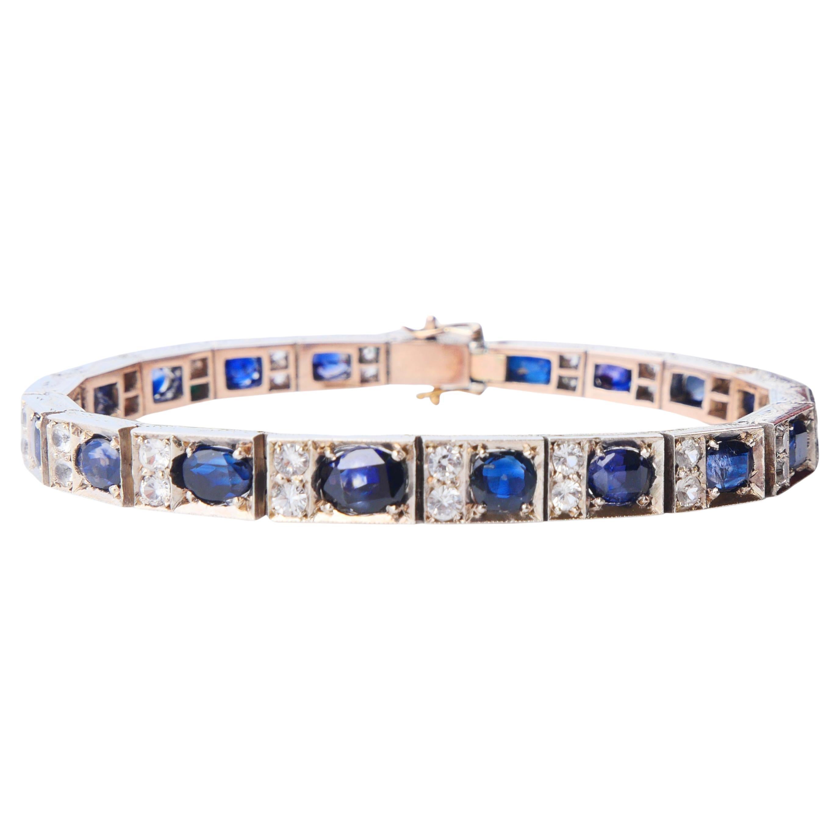 Antique Bracelet natural 18ctw Blue White Sapphire solid Silver 10K Gold/18.5cm