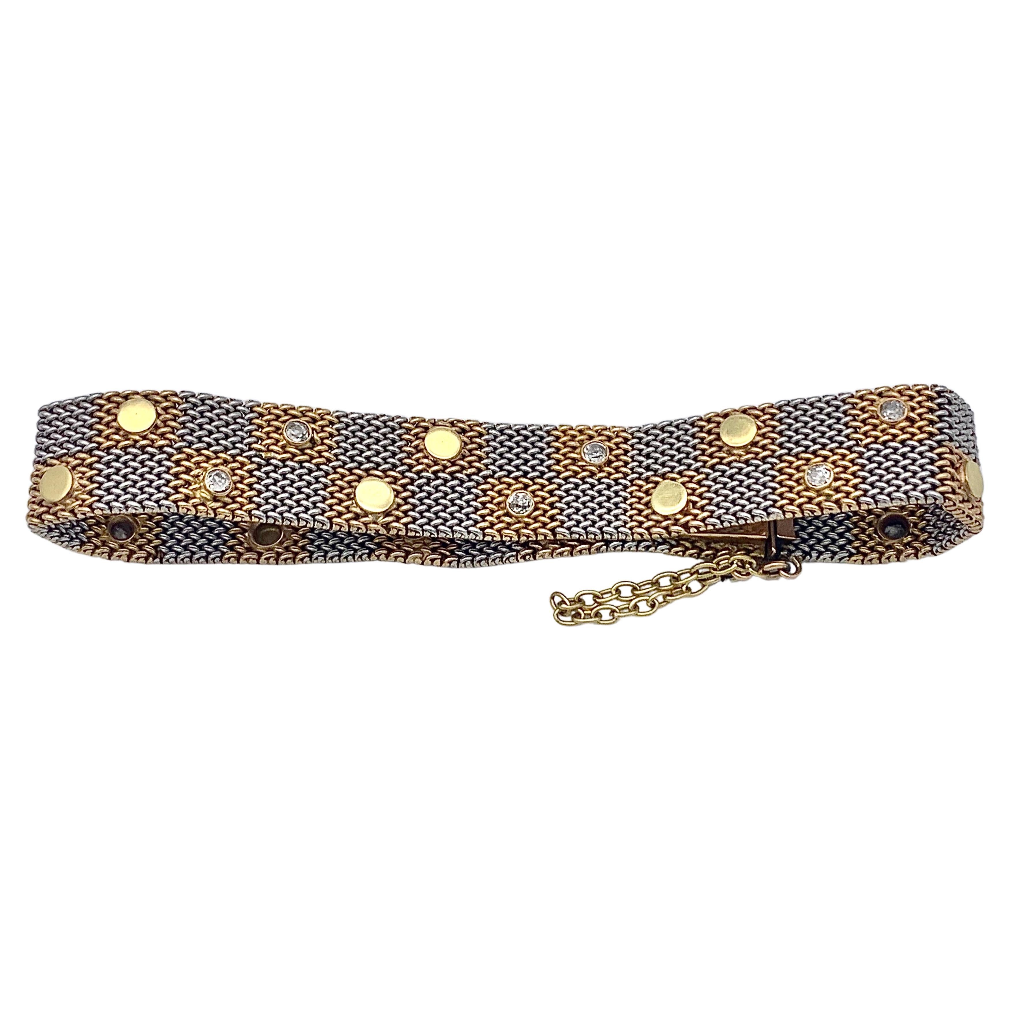 Bracelet ancien tricolore en or 14 carats en forme de damier  Diamants en vente