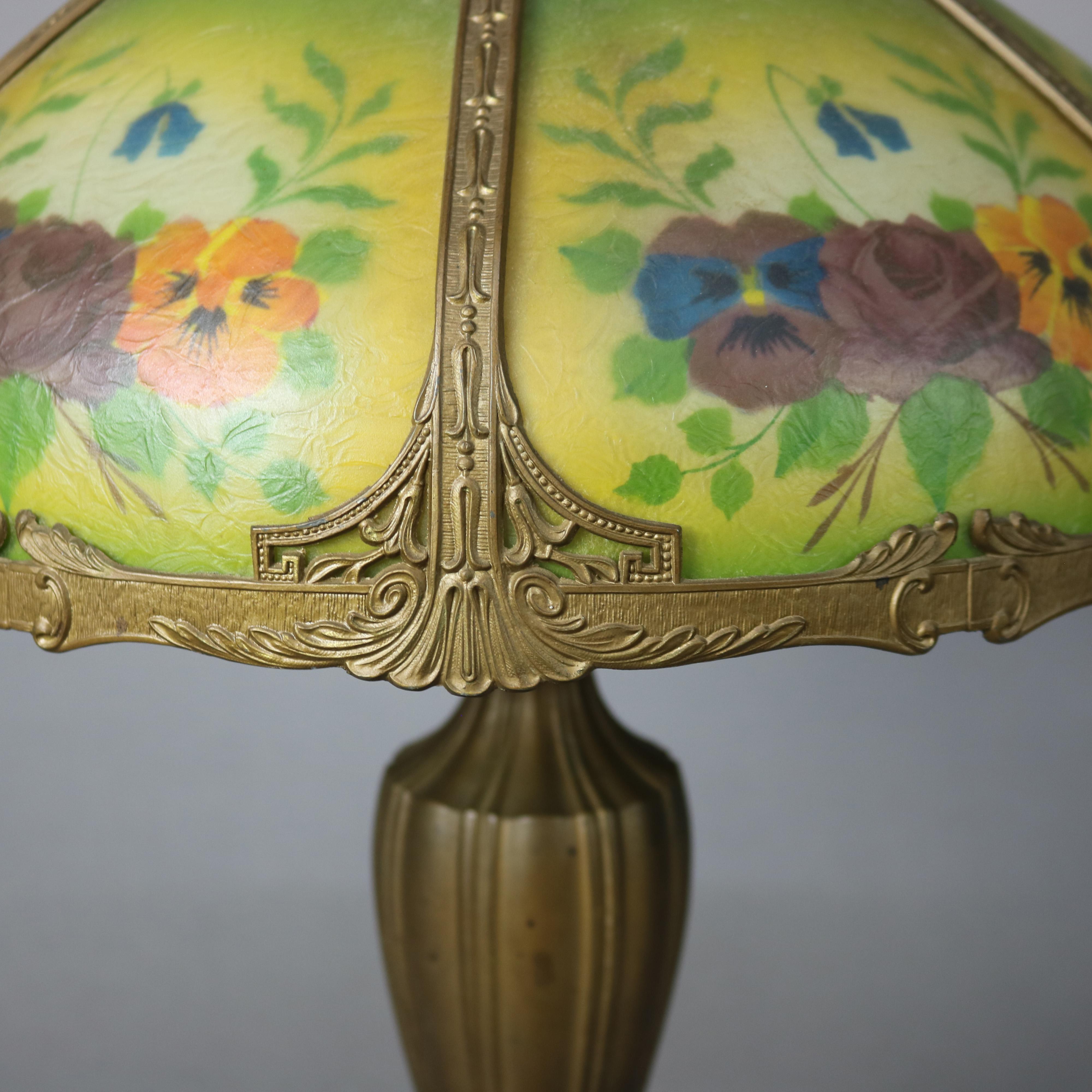 Lampe florale ancienne Bradley & Hubbard Arts and Crafts peinte à l'envers, signée en vente 3