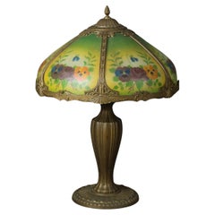 Antique Bradley & Hubbard Arts and Crafts Reverse Painted Floral Lamp Signed