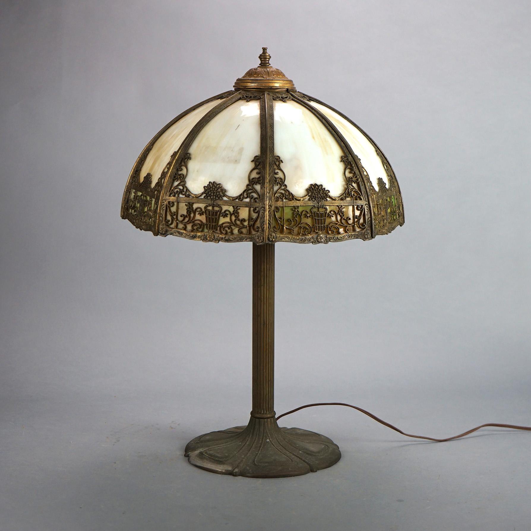 Antique Bradley & Hubbard Arts & Crafts Bent Slag Glass Triple Socket Table Lamp C1920

Measures - 23 1/4