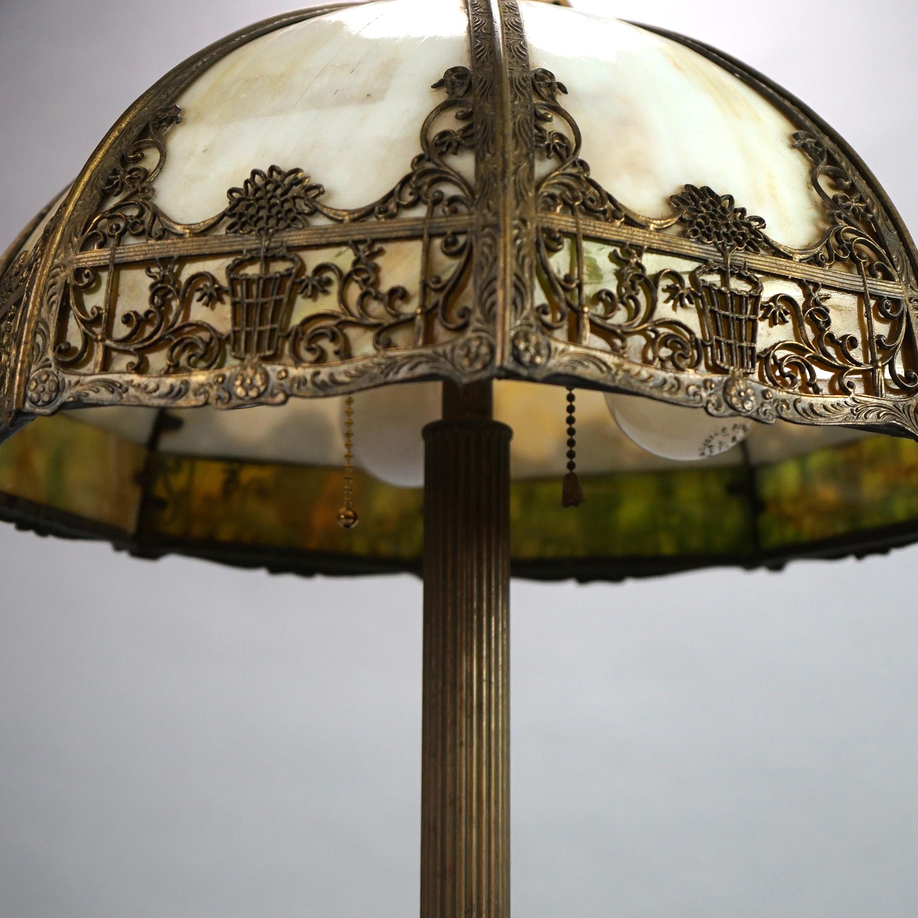 Cast Antique Bradley & Hubbard Arts & Crafts Bent Slag Glass Table Lamp C1920