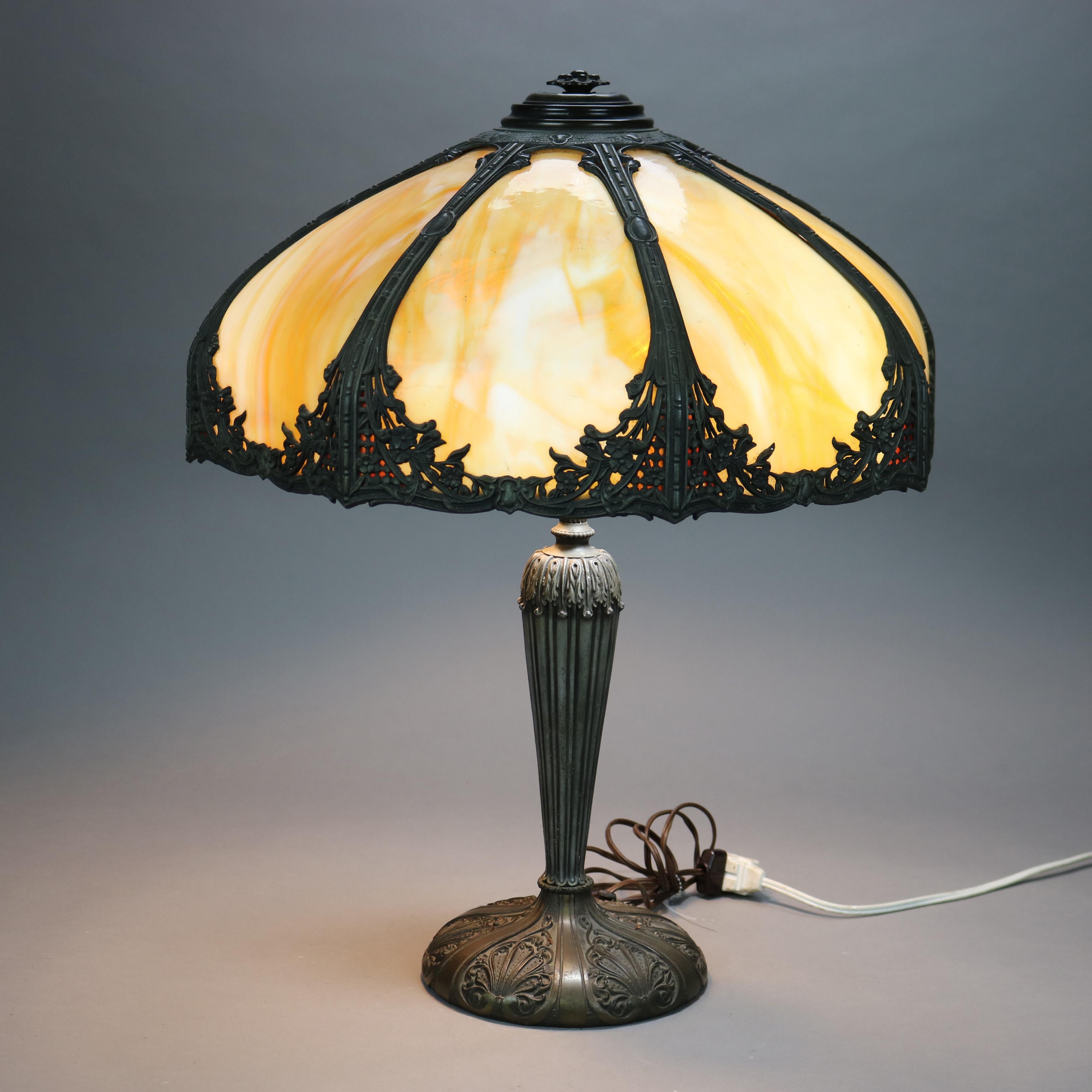 Antique Bradley & Hubbard Arts & Crafts Paneled Bent Slag Glass Double Socket Table Lamp c1920

Measures - 24 1/2