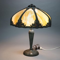 Antique Bradley & Hubbard Arts & Crafts Paneled Slag Glass Table Lamp c1920
