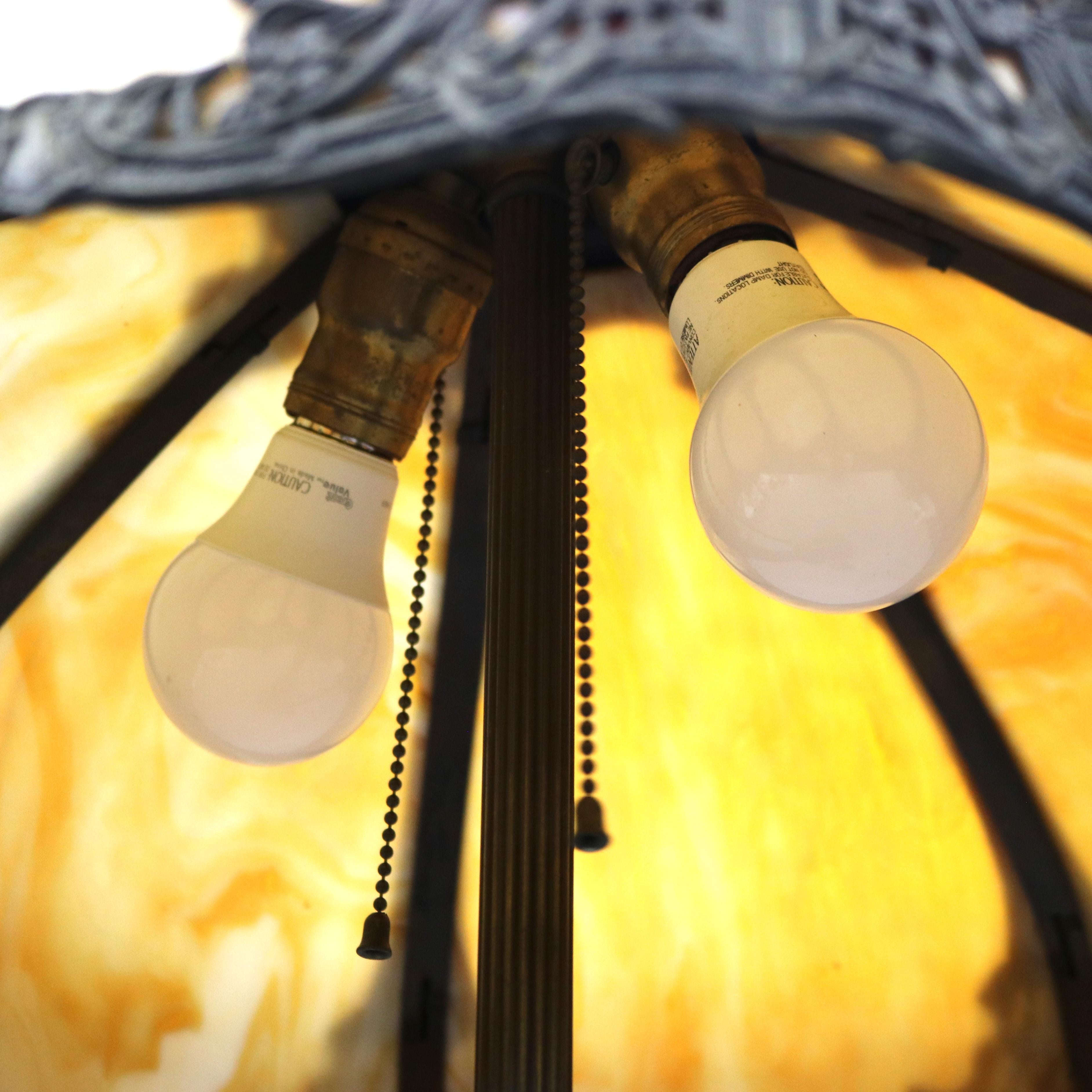 American Antique Bradley & Hubbard Arts & Crafts Paneled Slag Glass Table Lamp c1920