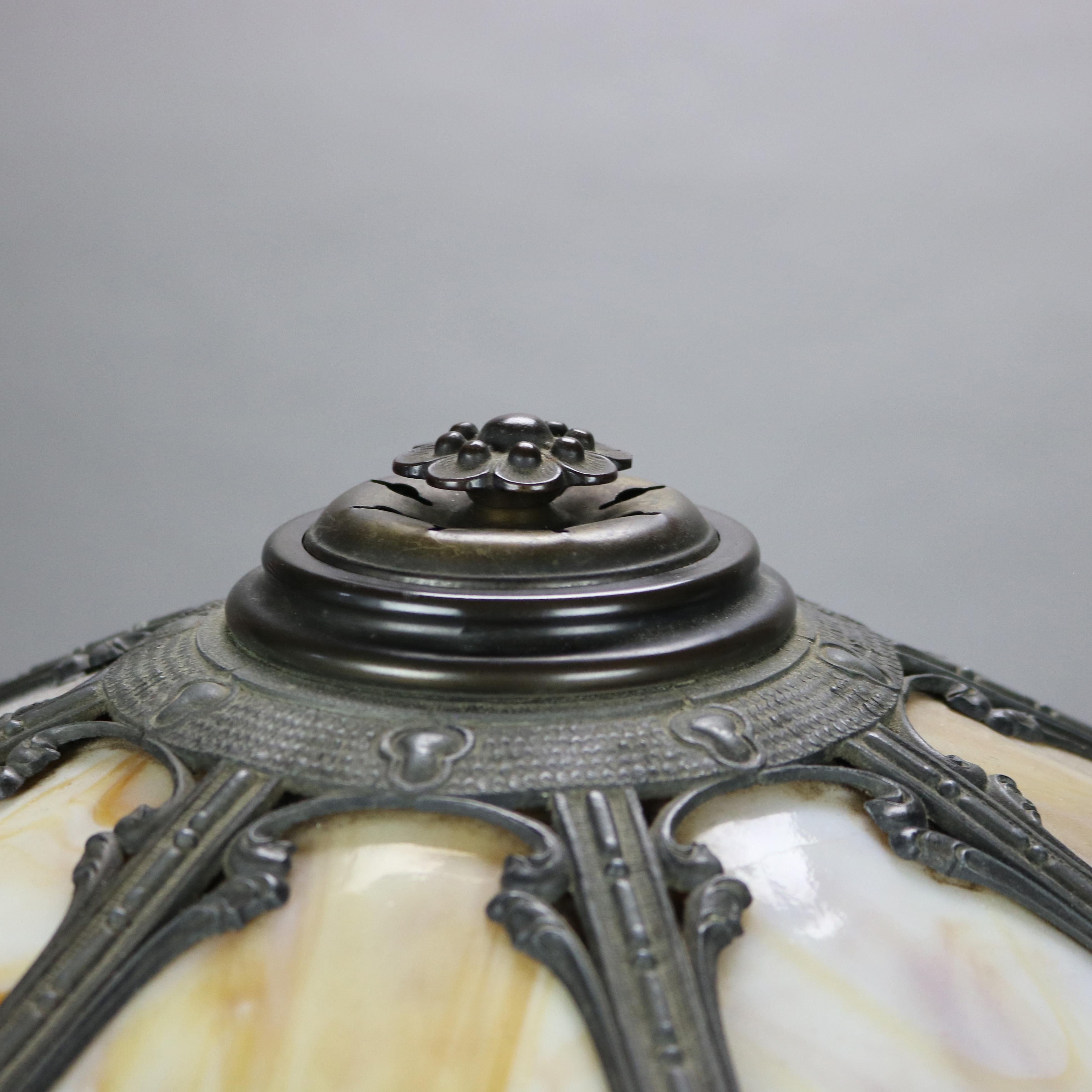 Cast Antique Bradley & Hubbard Arts & Crafts Paneled Slag Glass Table Lamp c1920