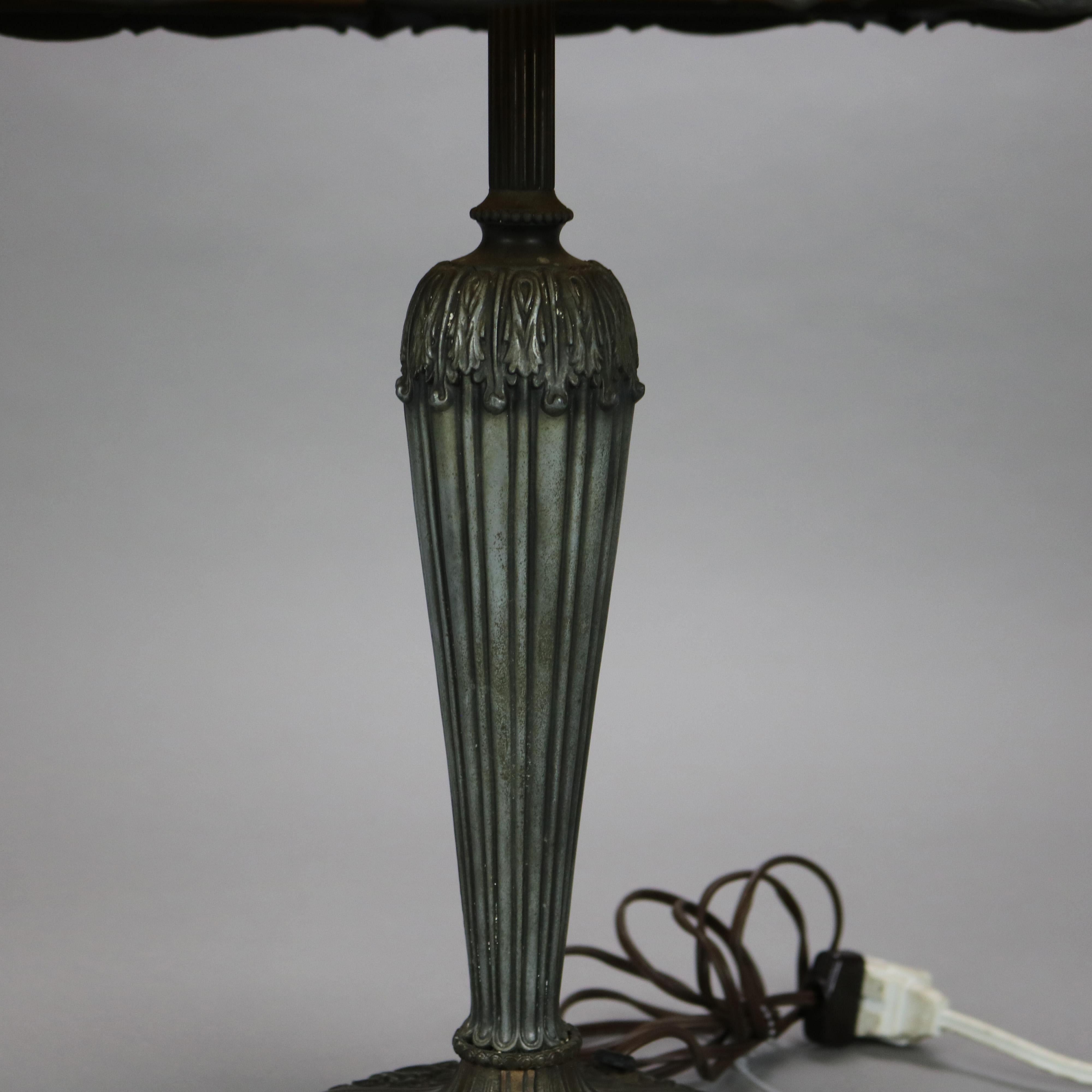 Metal Antique Bradley & Hubbard Arts & Crafts Paneled Slag Glass Table Lamp c1920