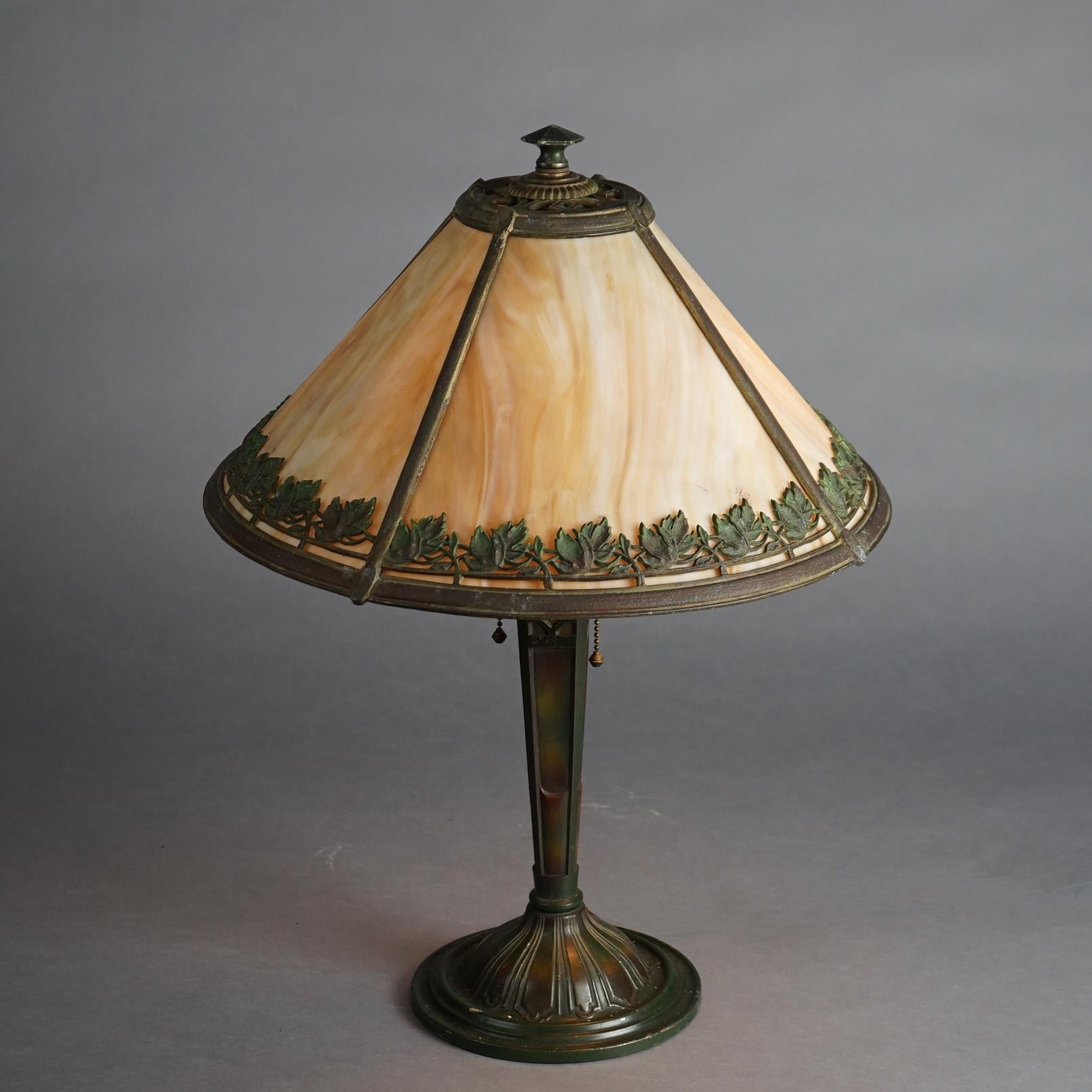 Antique Bradley & Hubbard Arts & Crafts Slag Glass Lamp with Foliate Border, Signed, C1910

Measures - 21