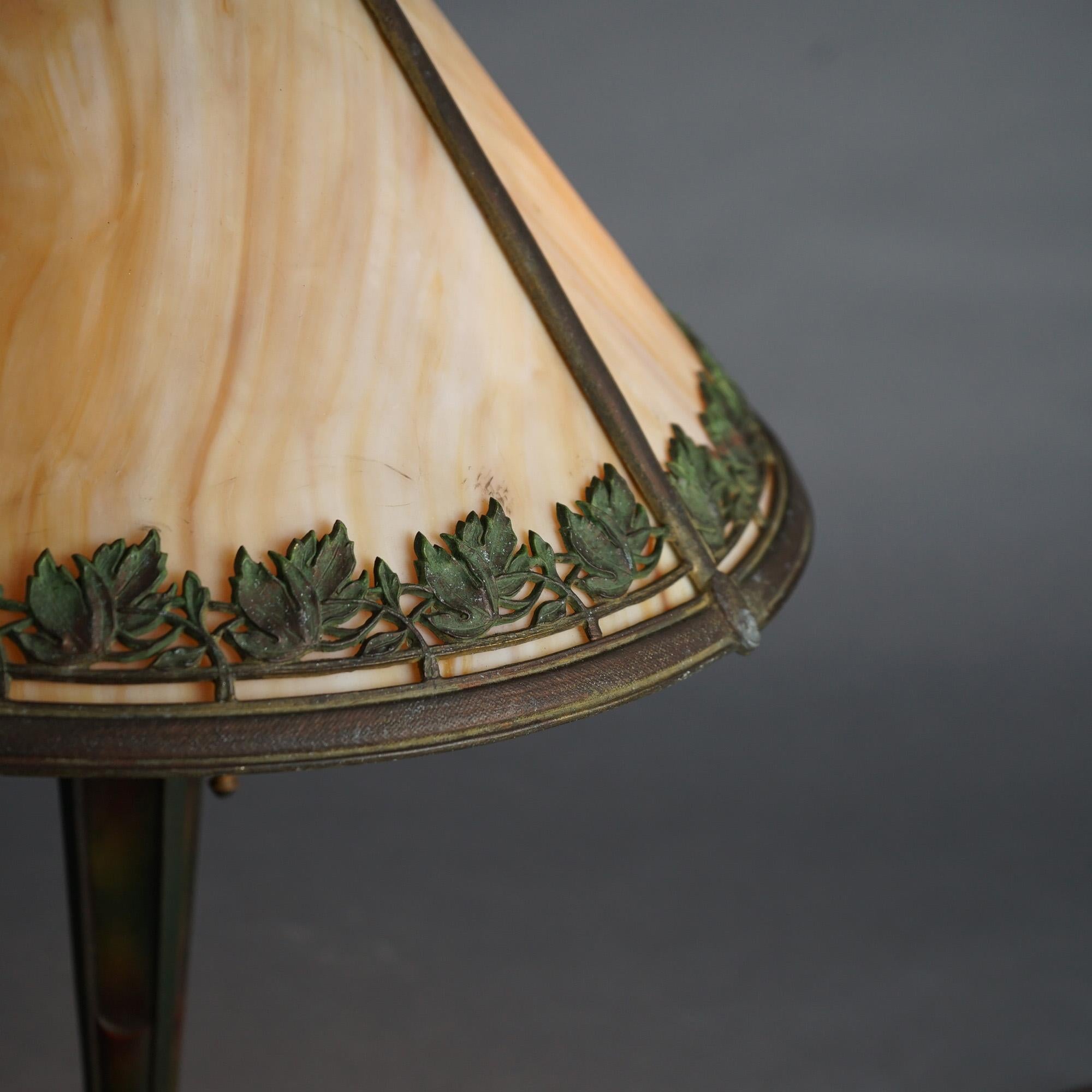 Metal Antique Bradley & Hubbard Arts & Crafts Slag Glass Lamp Signed C1910