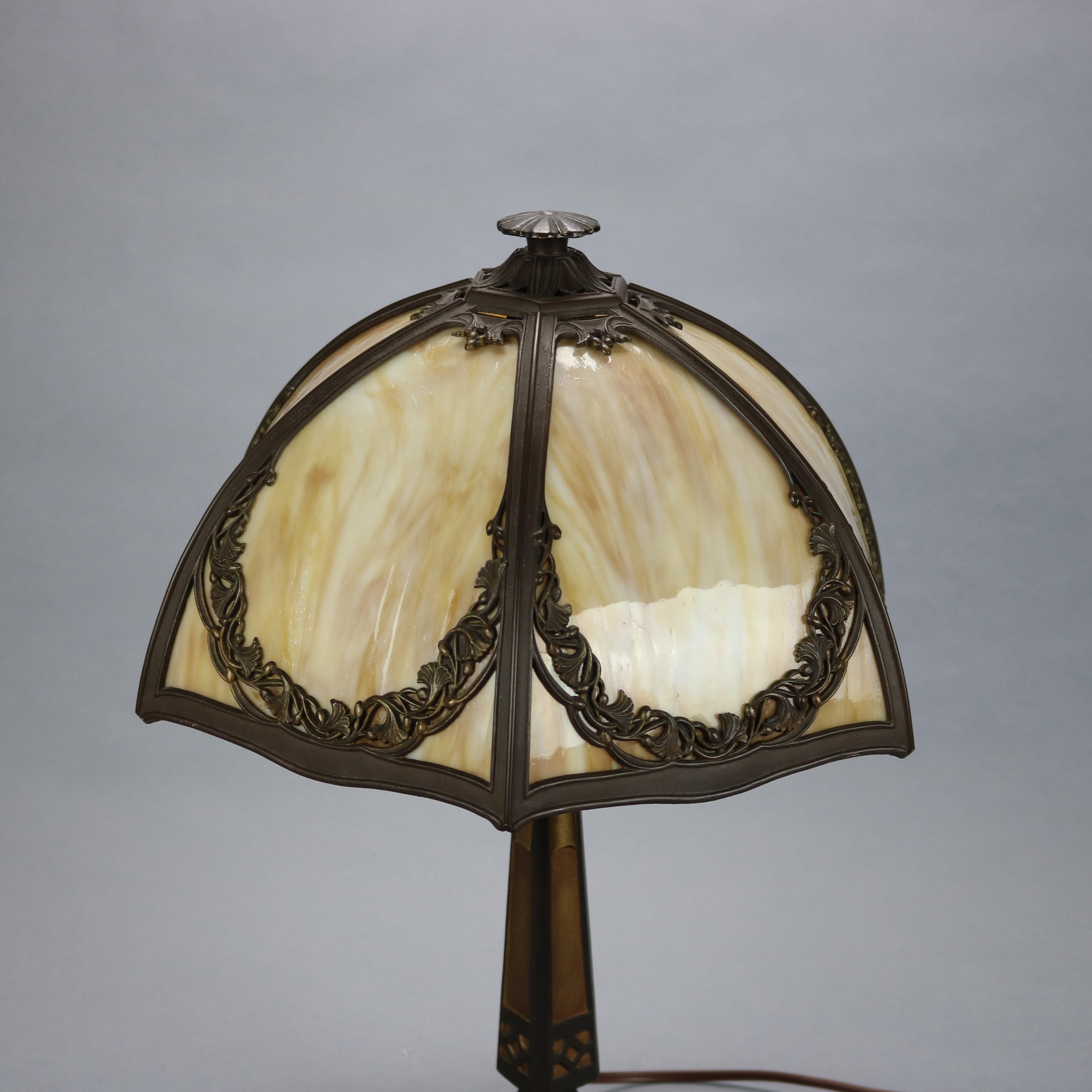 Cast Antique Bradley & Hubbard Arts & Crafts Slag Glass Table Lamp, Circa 1920