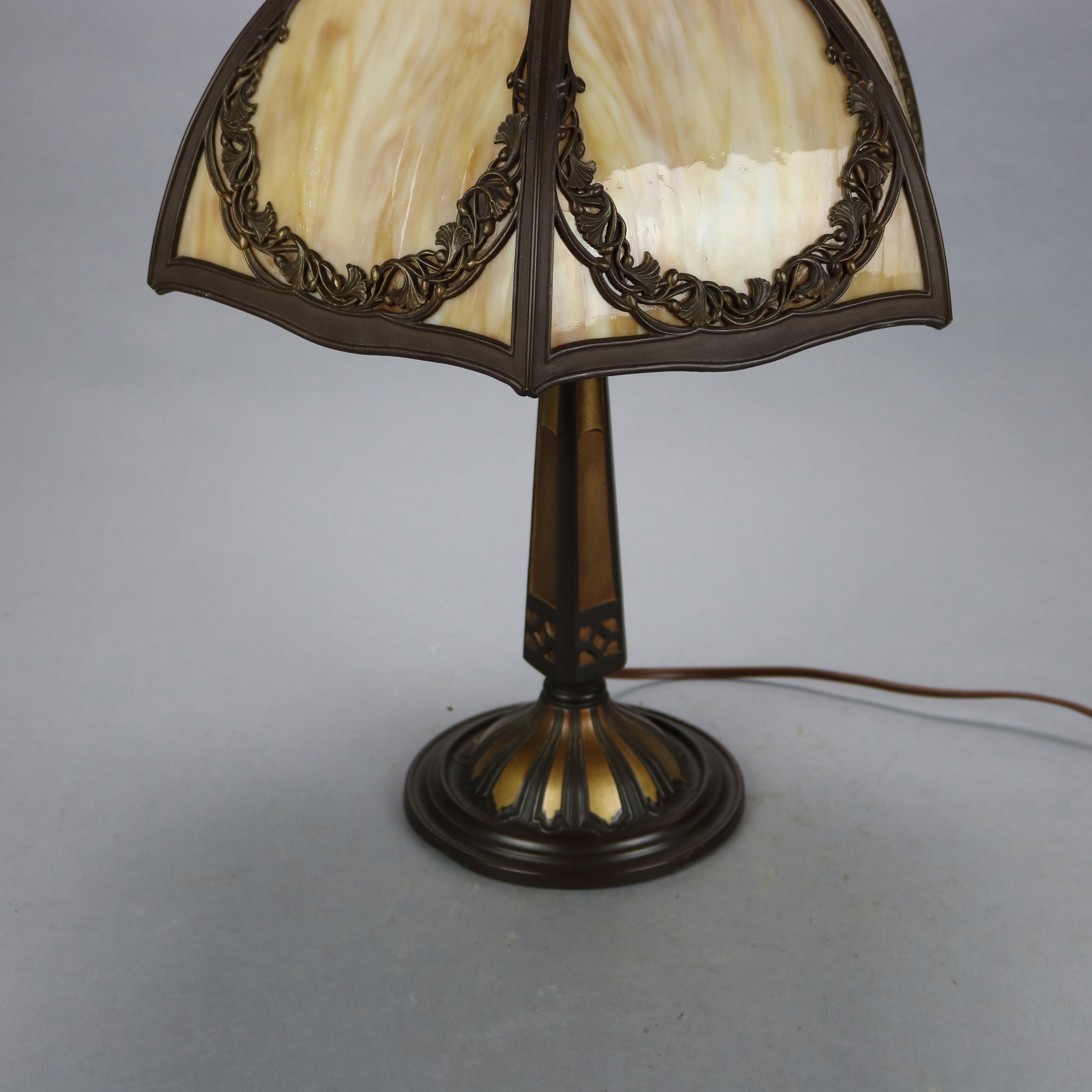 Antique Bradley & Hubbard Arts & Crafts Slag Glass Table Lamp, Circa 1920 In Good Condition In Big Flats, NY