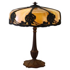 Antique Bradley & Hubbard attr Arts & Crafts 8 Panel Slag Glass Table Lamp c1920
