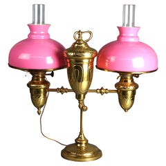 Antique Bradley & Hubbard Brass & Cased Pink Glass Double Student Lamp, c1890