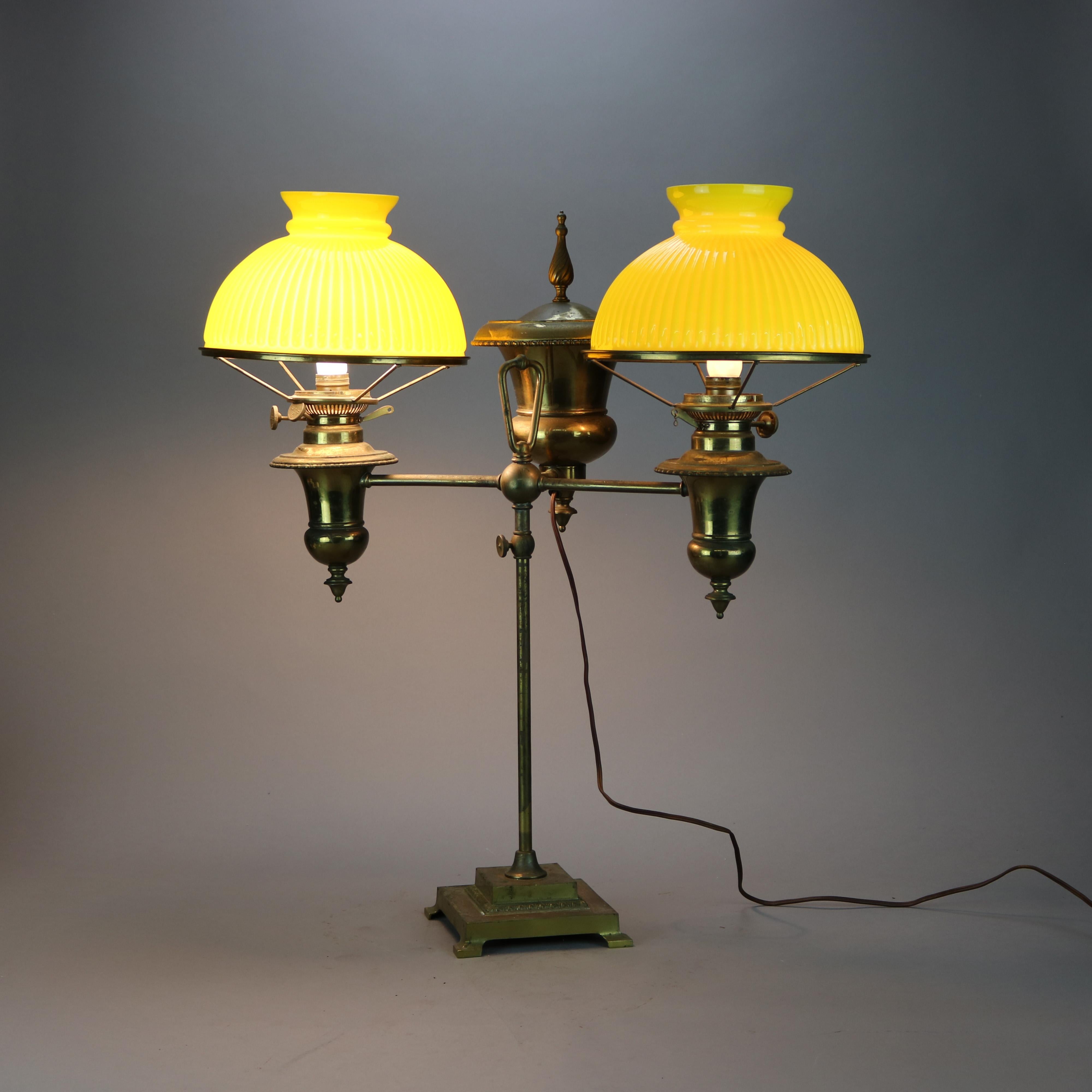 Arts and Crafts Antique Bradley & Hubbard Brass Double Student Lamp & Ribbed Shades, c1890 For Sale