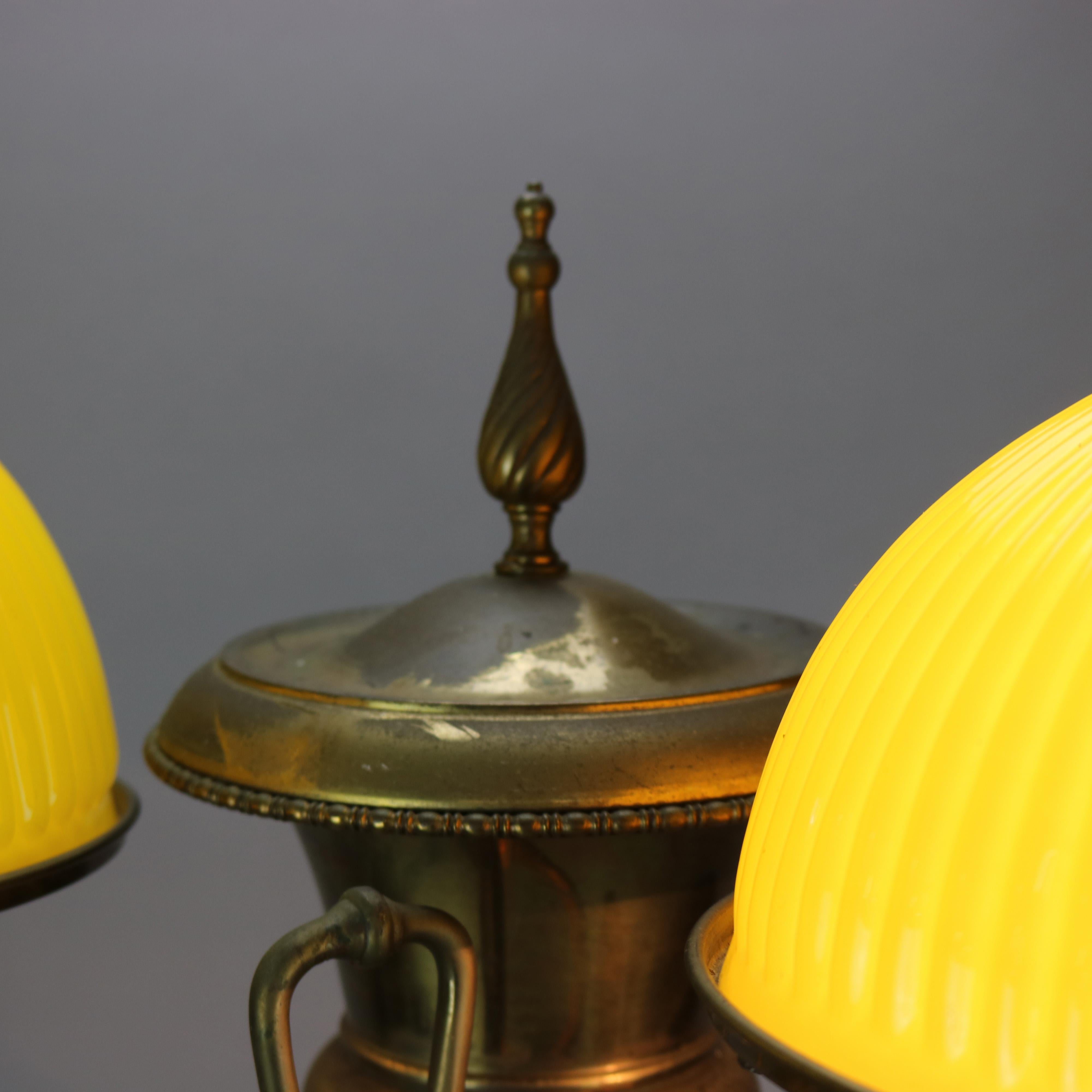 American Antique Bradley & Hubbard Brass Double Student Lamp & Ribbed Shades, c1890 For Sale