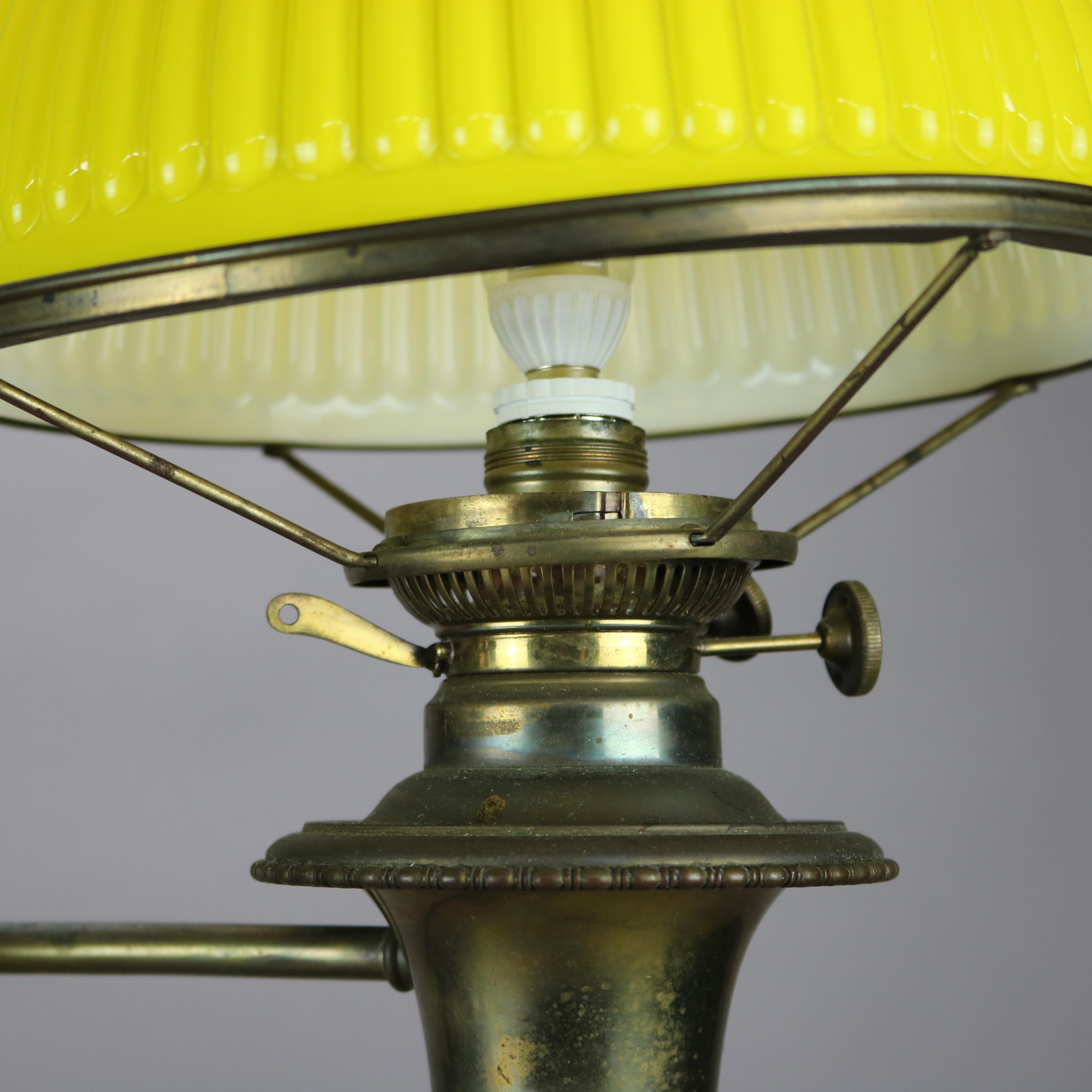 Antique Bradley & Hubbard Brass Double Student Lamp & Ribbed Shades, c1890 In Good Condition For Sale In Big Flats, NY