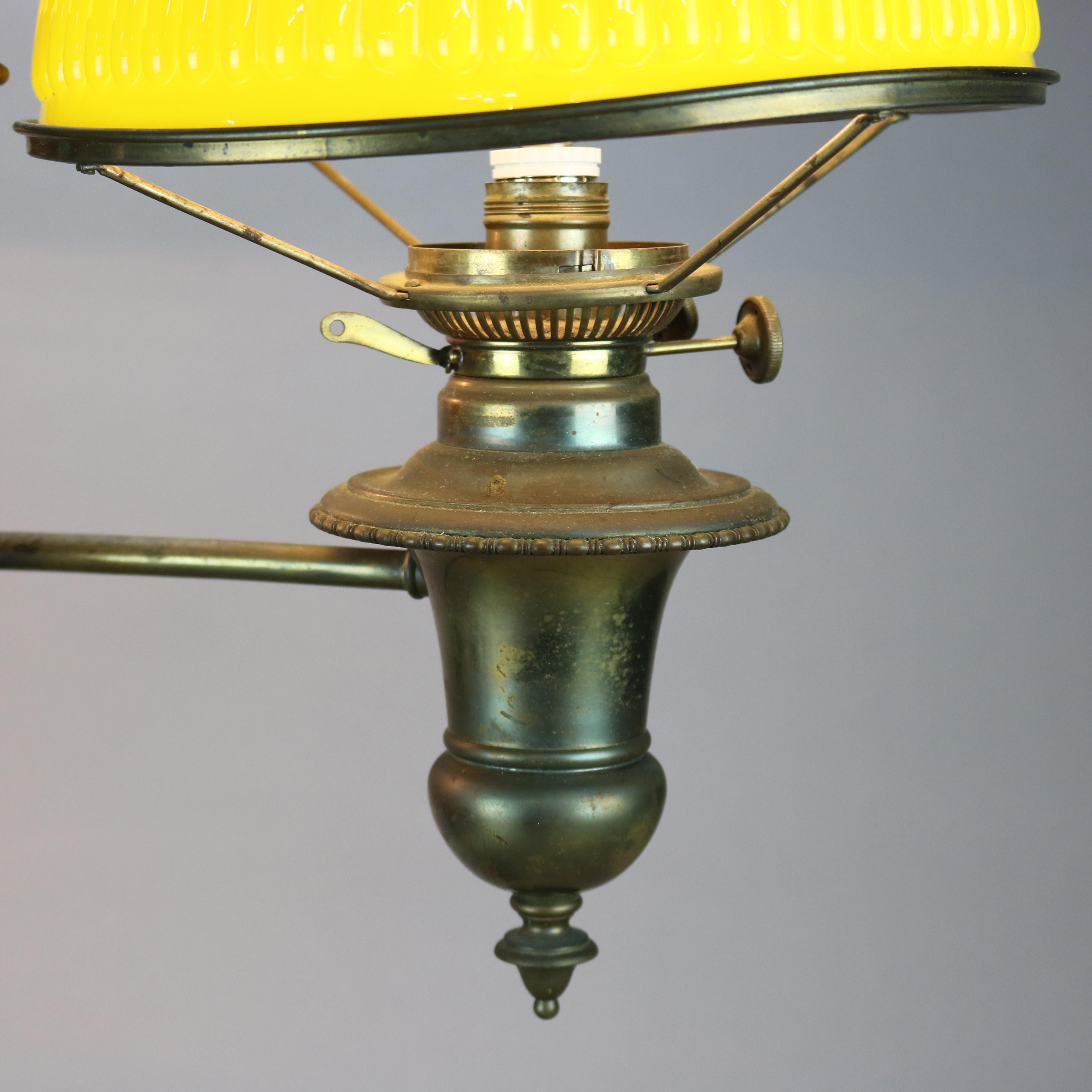 19th Century Antique Bradley & Hubbard Brass Double Student Lamp & Ribbed Shades, c1890 For Sale