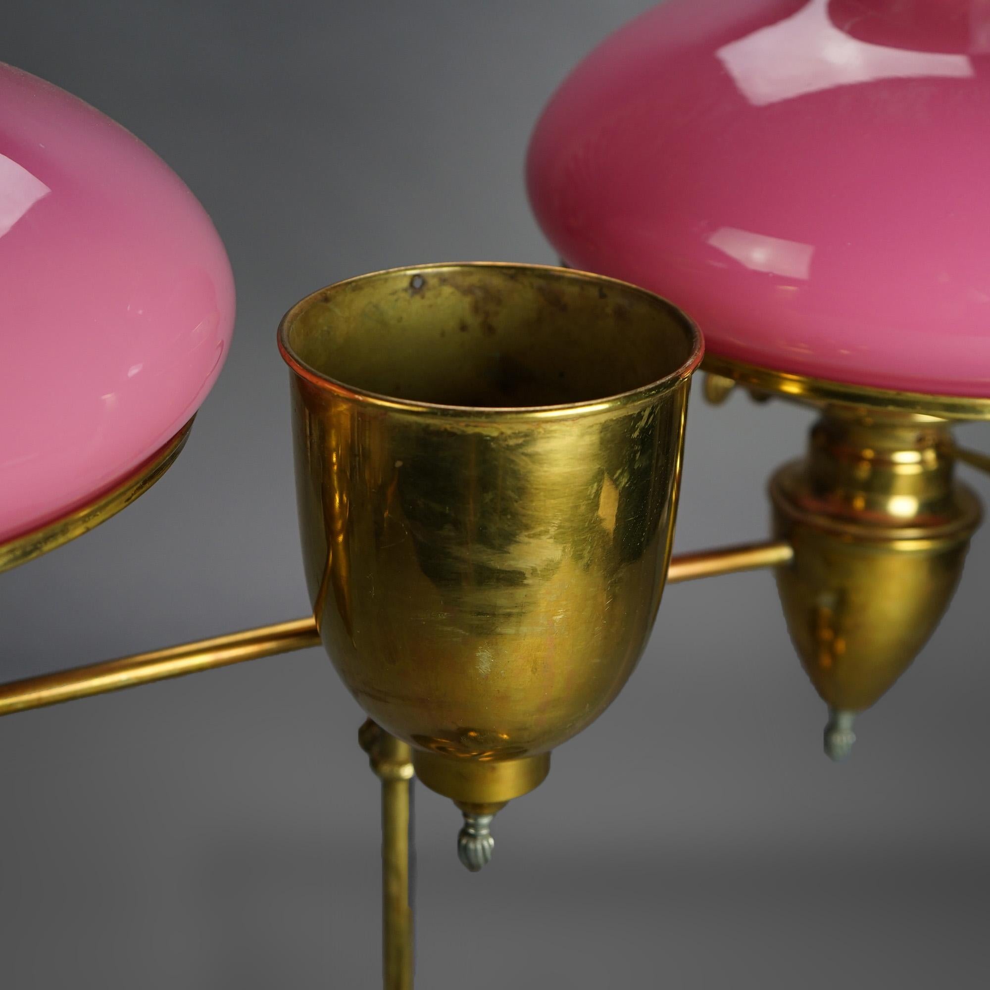 Antique Bradley & Hubbard Brass Double Student Lamp with Pink Shades c1880 For Sale 5