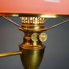 Antique Bradley & Hubbard Brass Double Student Lamp with Pink Shades c1880