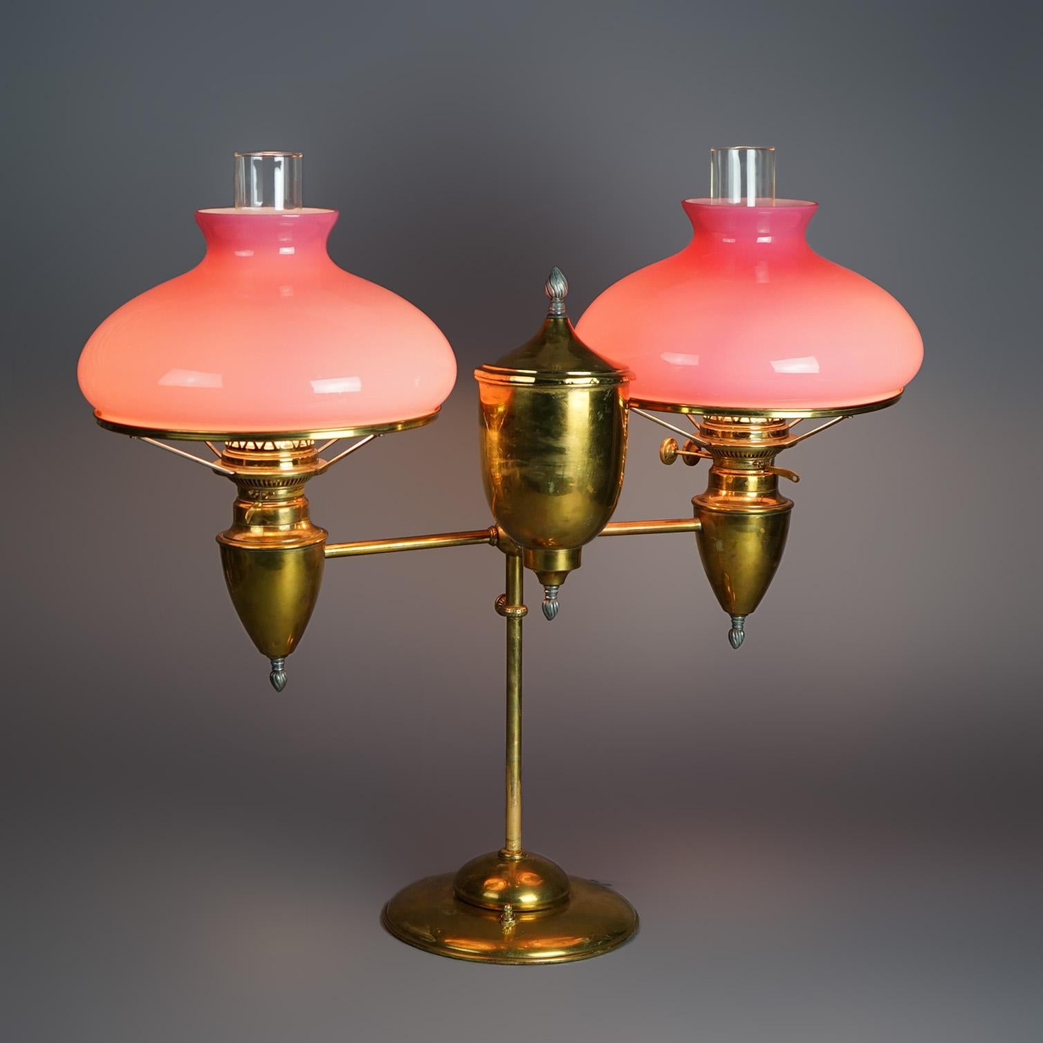 American Antique Bradley & Hubbard Brass Double Student Lamp with Pink Shades c1880 For Sale