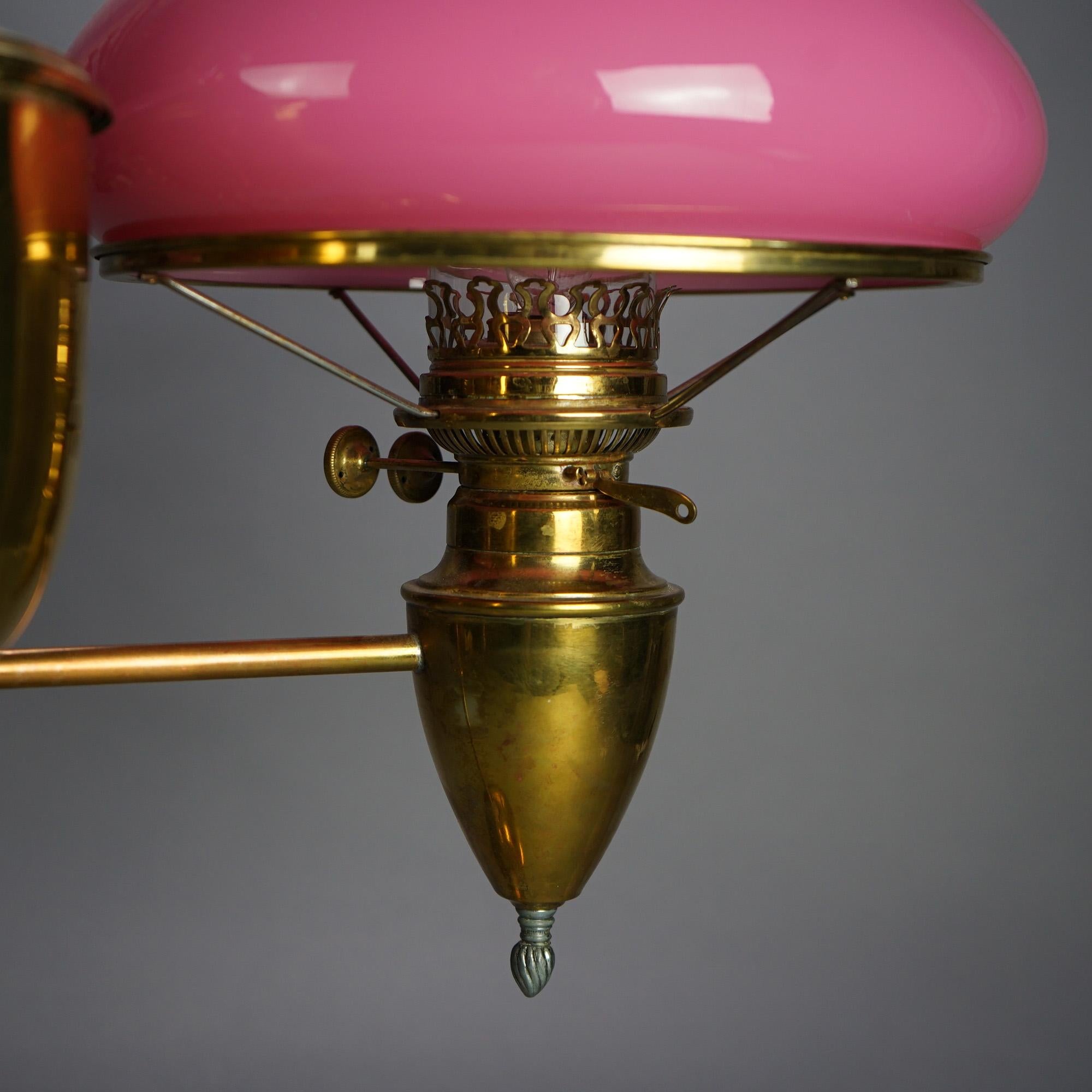 Antique Bradley & Hubbard Brass Double Student Lamp with Pink Shades c1880 In Good Condition For Sale In Big Flats, NY
