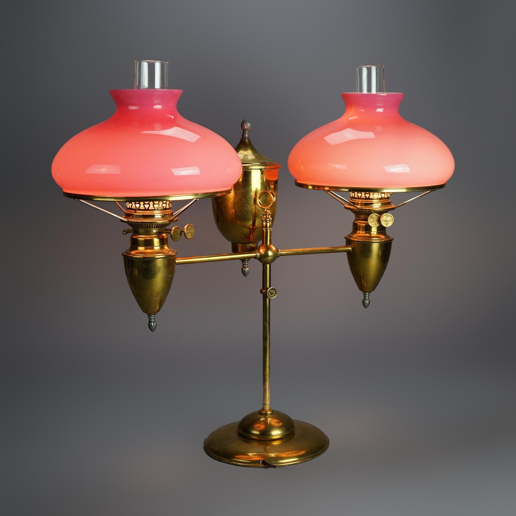 19th Century Antique Bradley & Hubbard Brass Double Student Lamp with Pink Shades c1880 For Sale