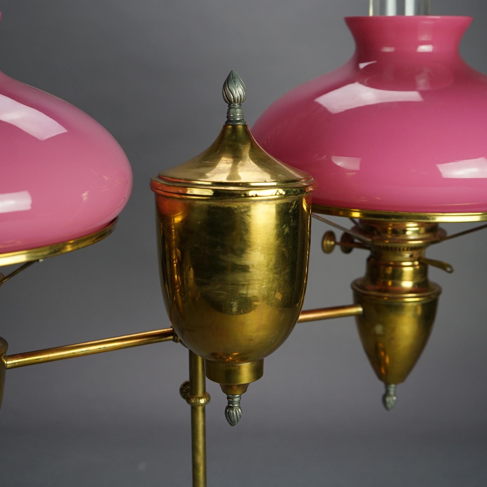 Antique Bradley & Hubbard Brass Double Student Lamp with Pink Shades c1880 For Sale 3