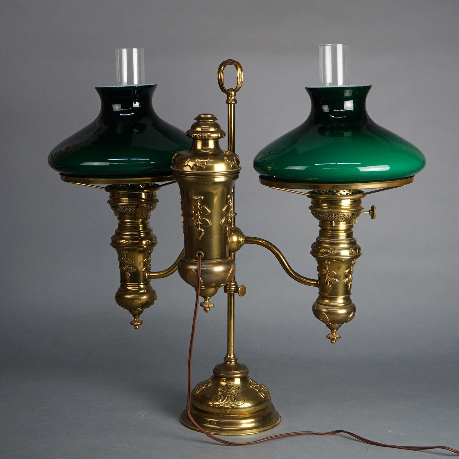 Antique Bradley & Hubbard Brass with Encased Green Glass Double Student Lamp For Sale 7