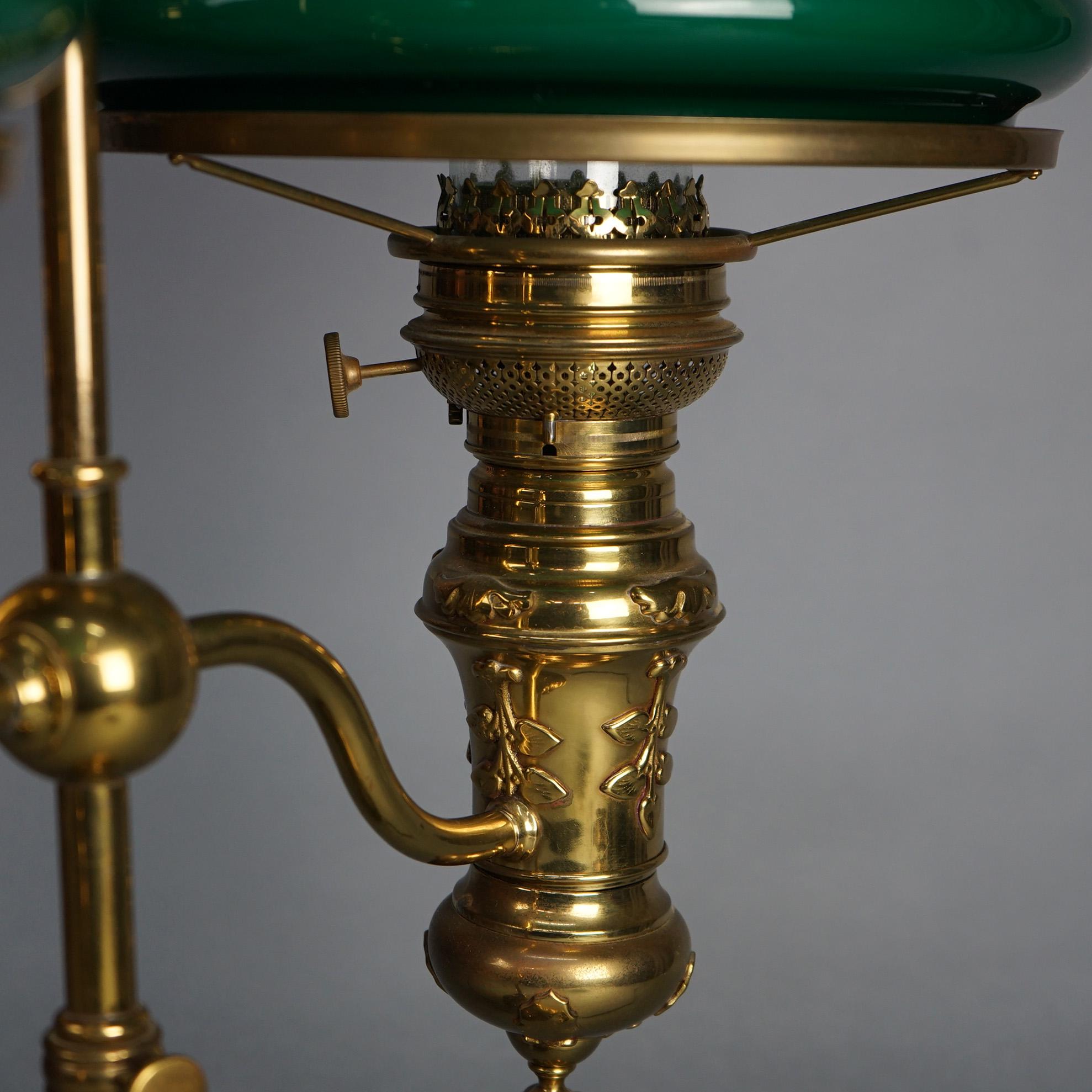 Antique Bradley & Hubbard Brass with Encased Green Glass Double Student Lamp For Sale 11